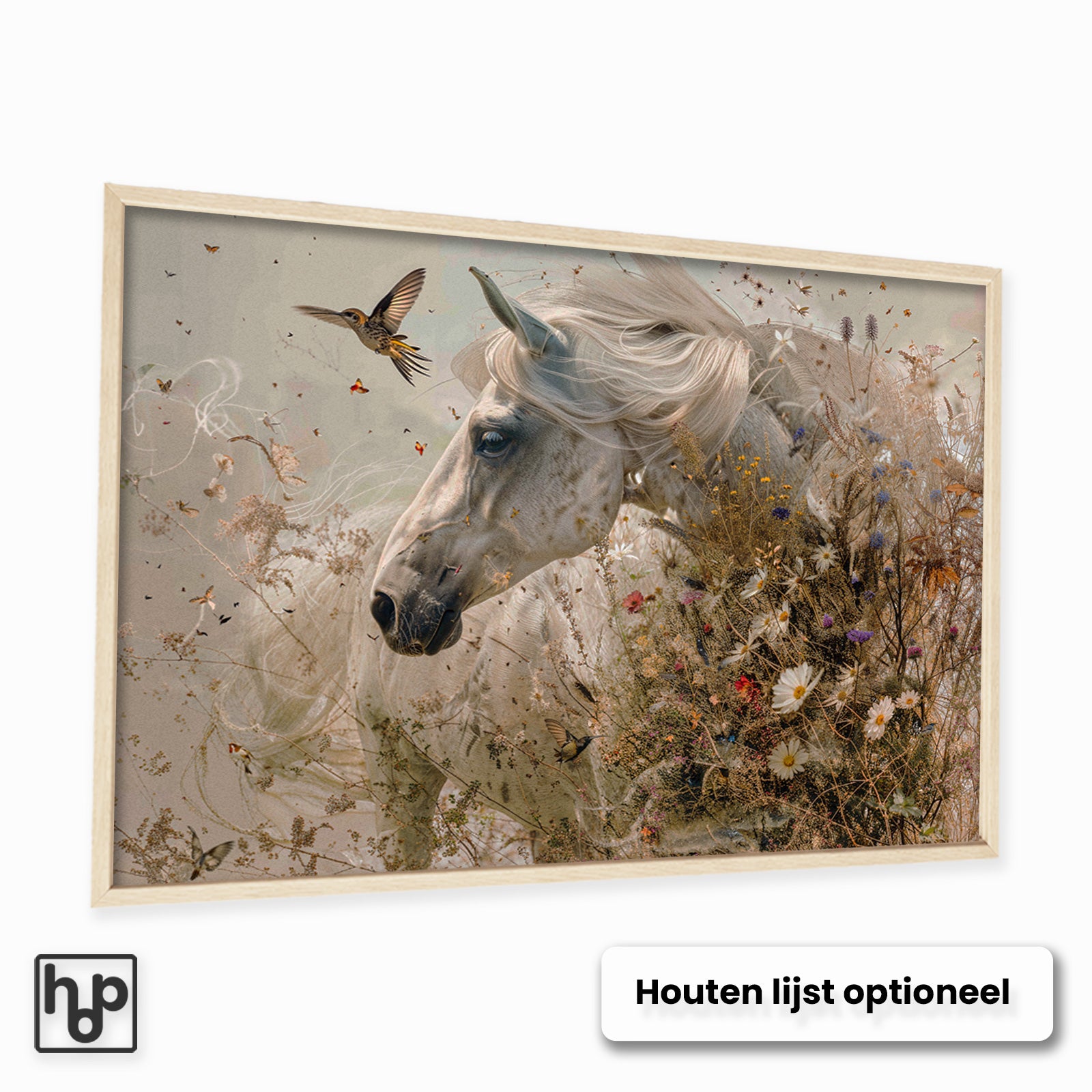 Aluminium Dibond schilderij Bloemen paard met een optionele naturel houten lijst.