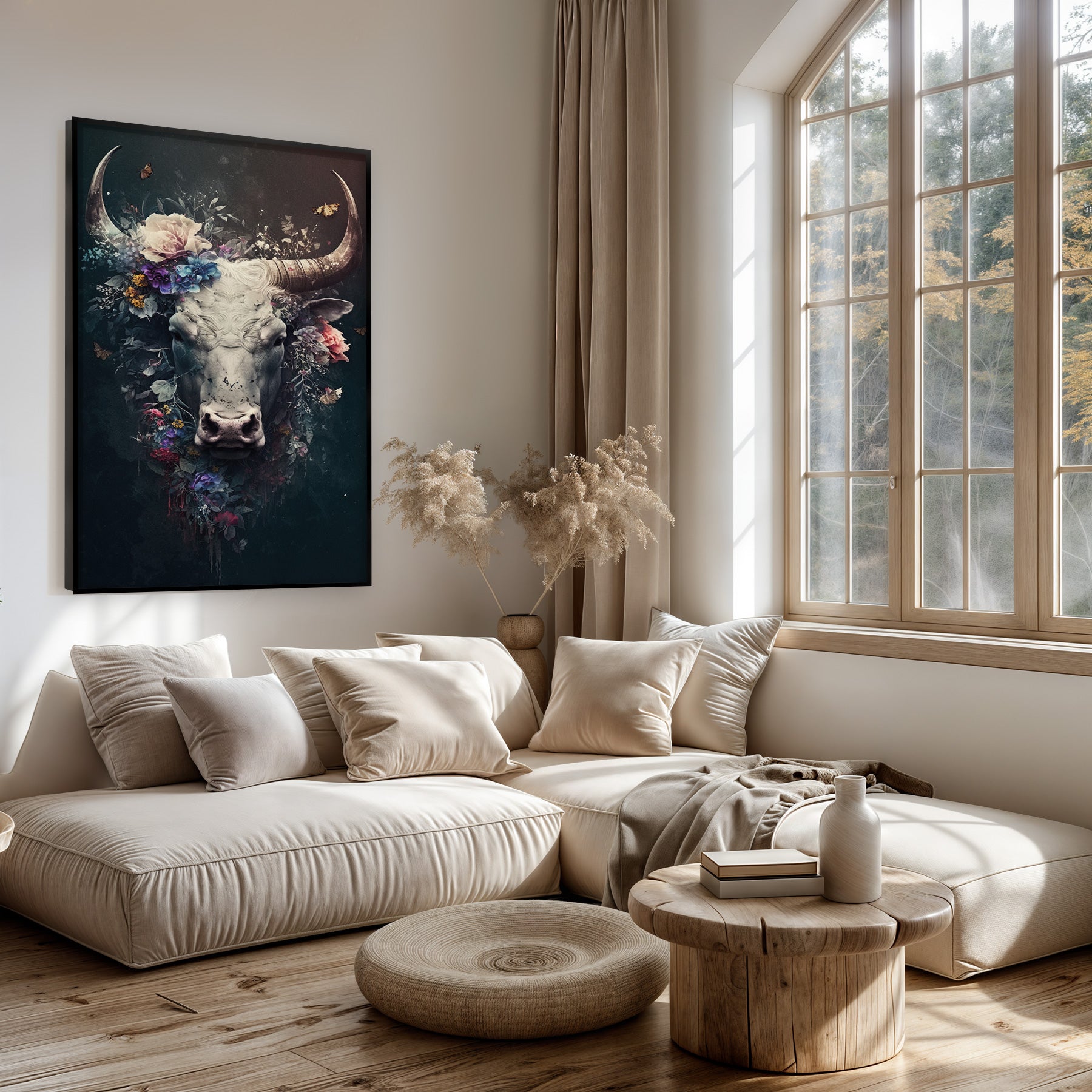 Artframe Bull boven een lichte bank in een woonkamer.