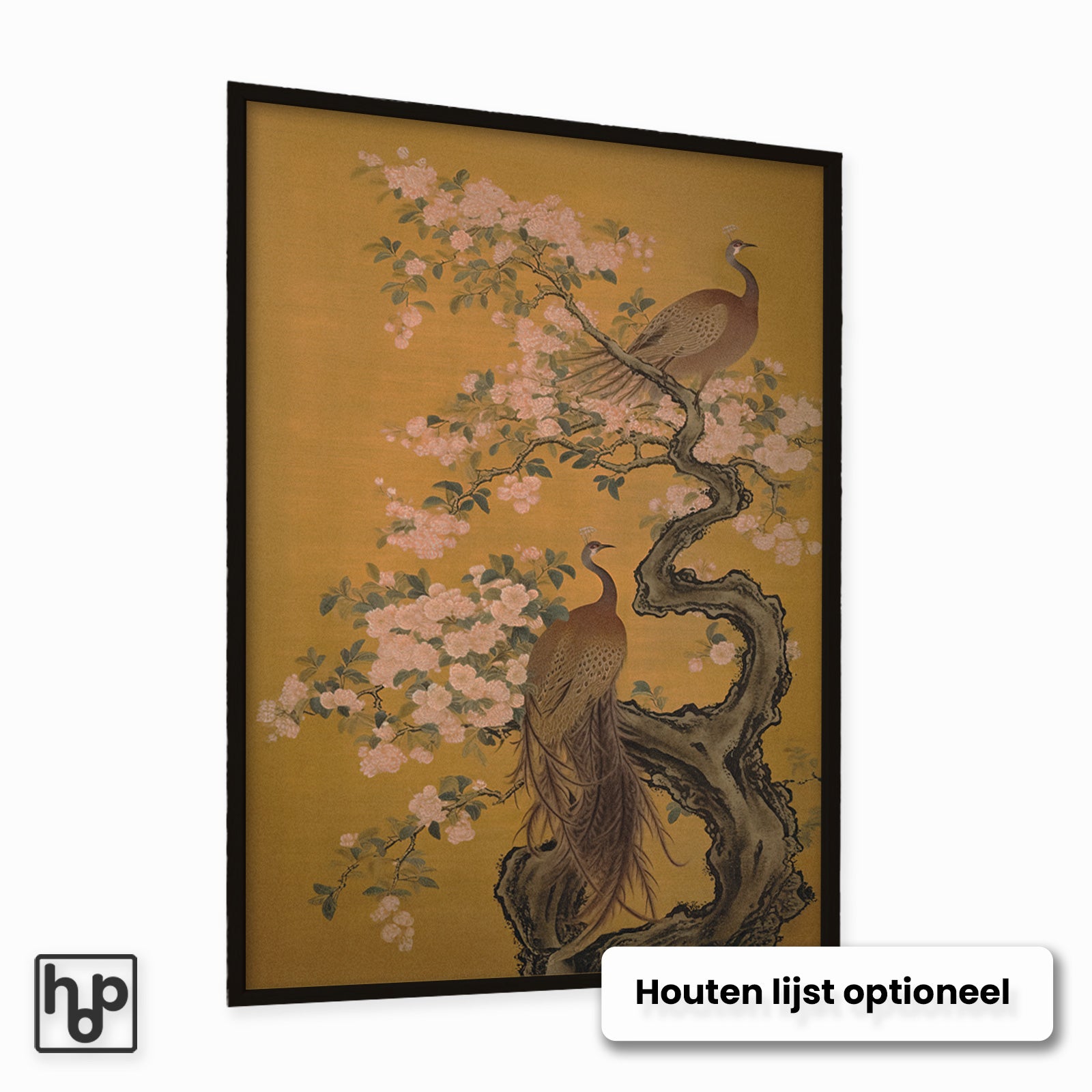 Aluminium Dibond schilderij Aziatisch Pauwen met een optionele zwarte houten lijst.