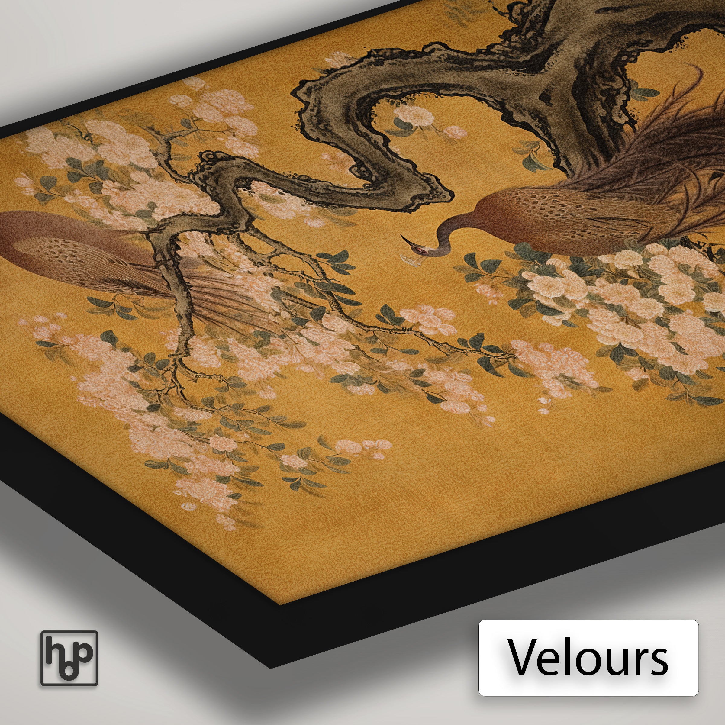 Detail van Artframe Aziatisch Pauwen met velours doek en een zwart aluminium frame.