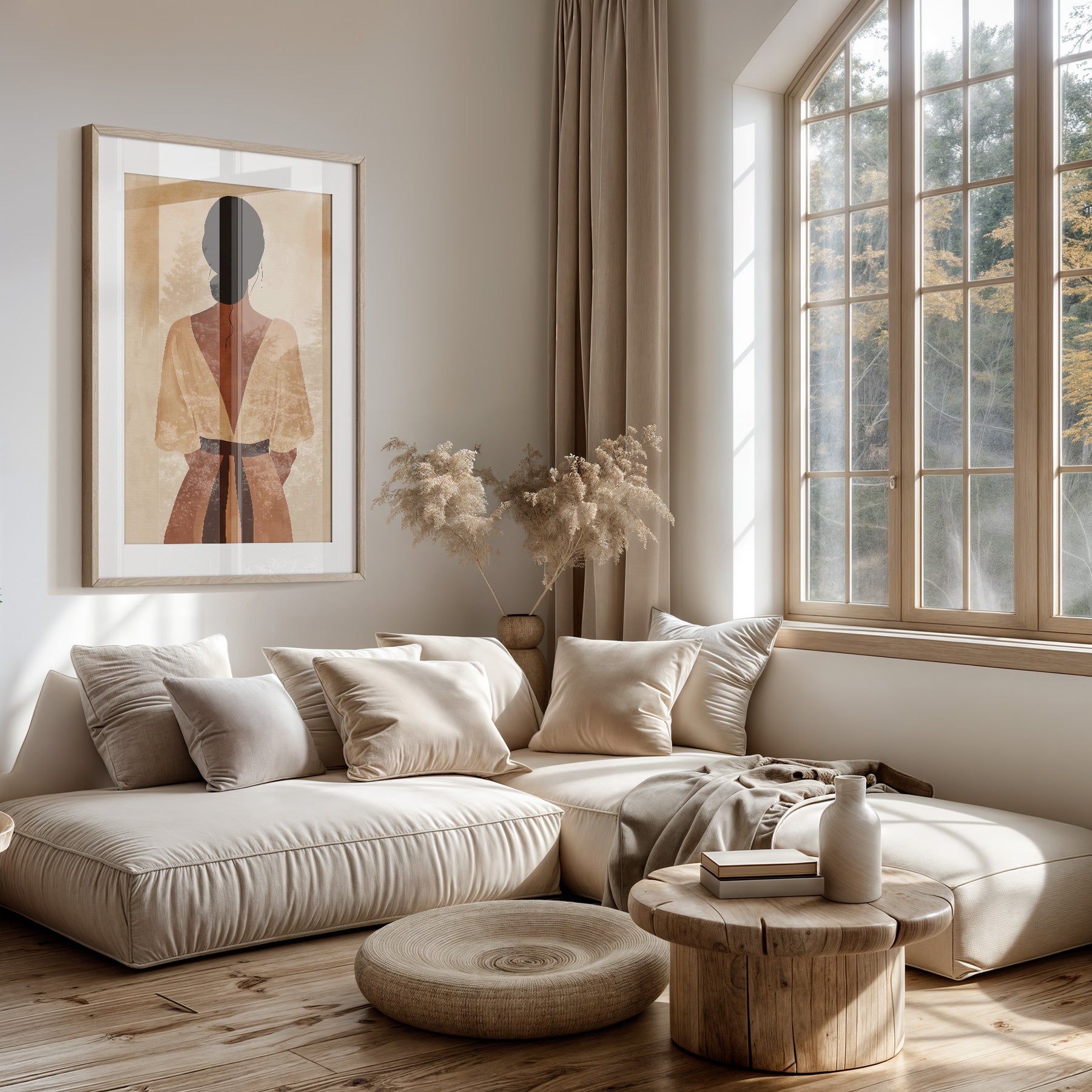 Papieren poster Celia boven een lichte bank in een woonkamer.