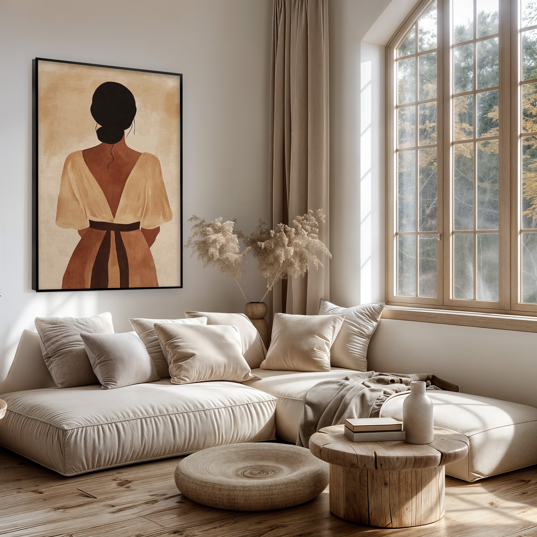 Artframe Celia boven een lichte bank in een woonkamer.