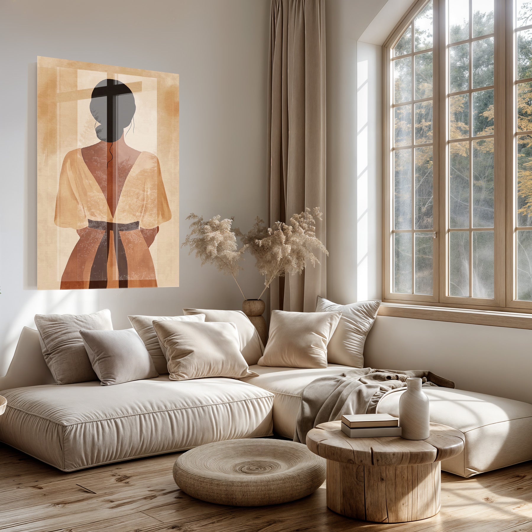 Plexiglas schilderij Celia boven een lichte bank in een woonkamer.