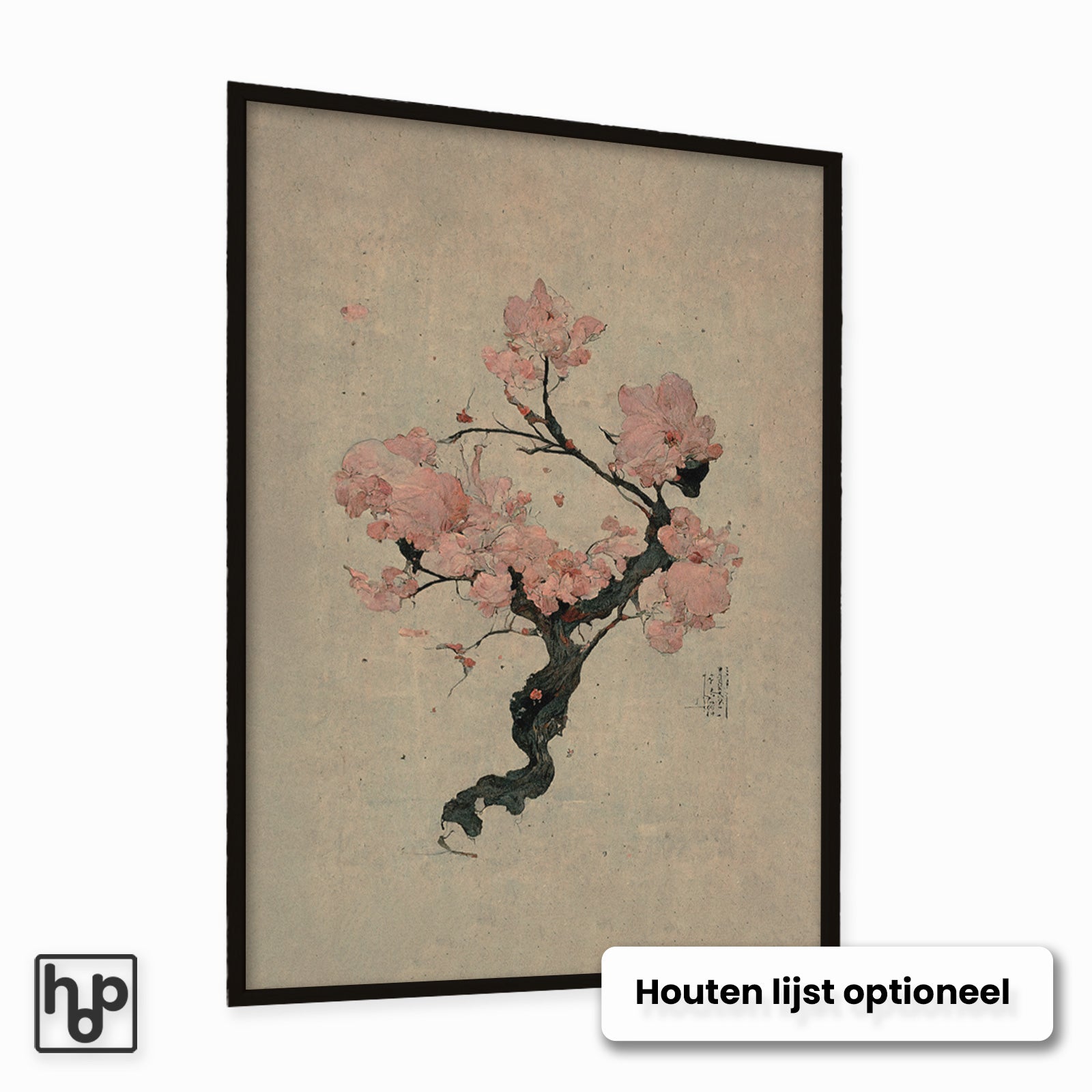 Japanse kersenbloesem poster met roze bloesems op een beige achtergrond, in een zwarte lijst.