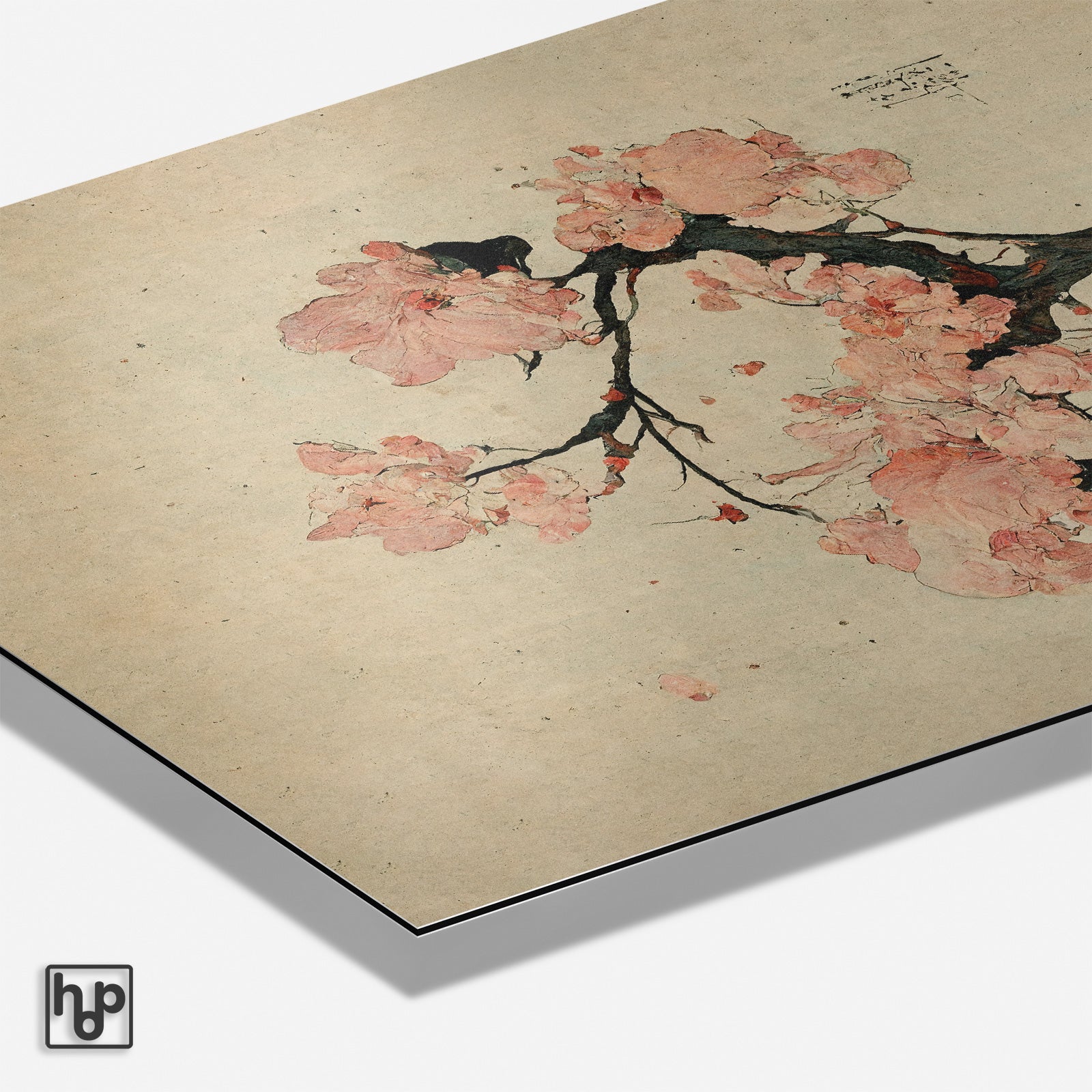 Japanse kersenbloesem poster met roze bloesems op een beige achtergrond, ideaal voor een zen interieur.