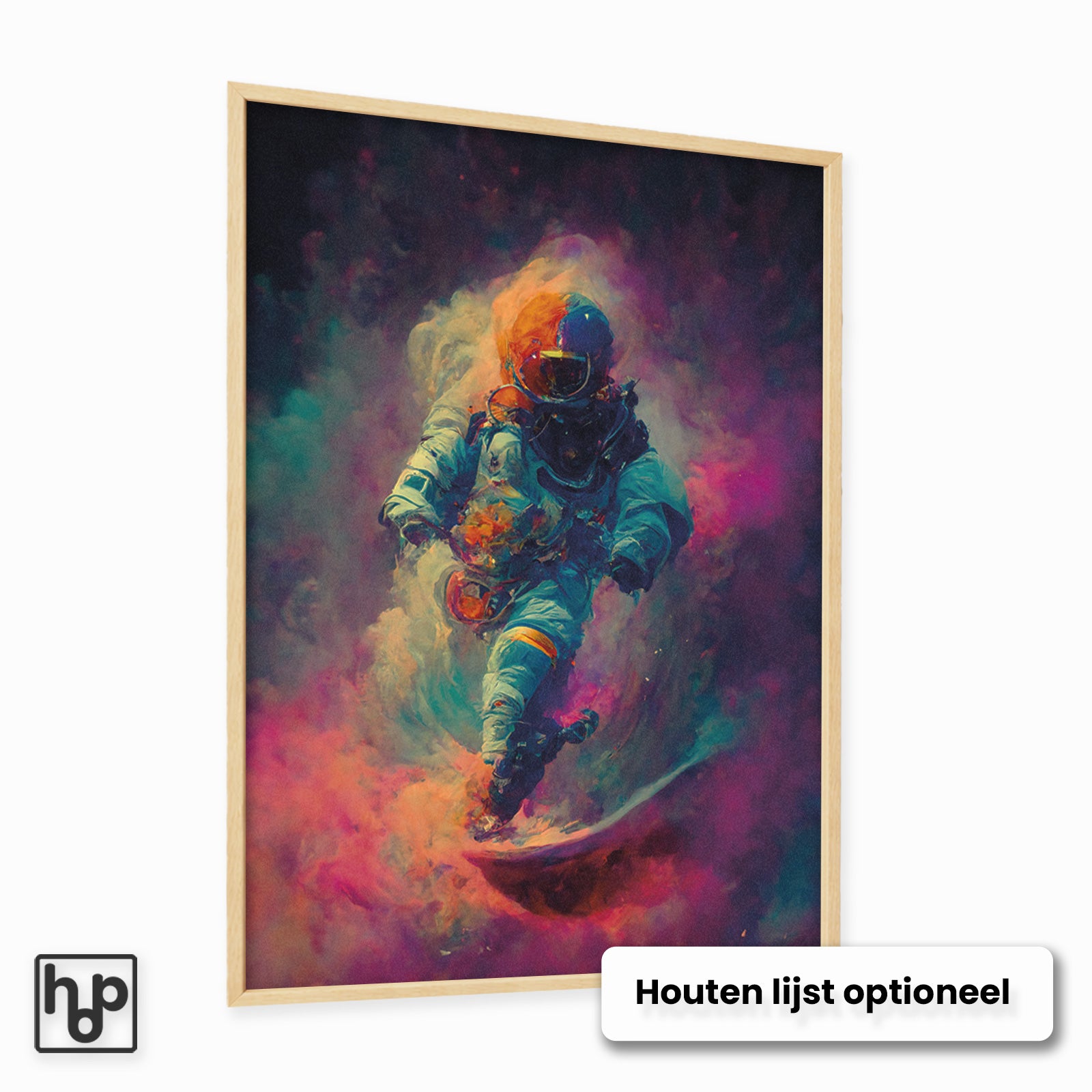 Aluminium Dibond schilderij Colorful Astronaut met een optionele naturel houten lijst.