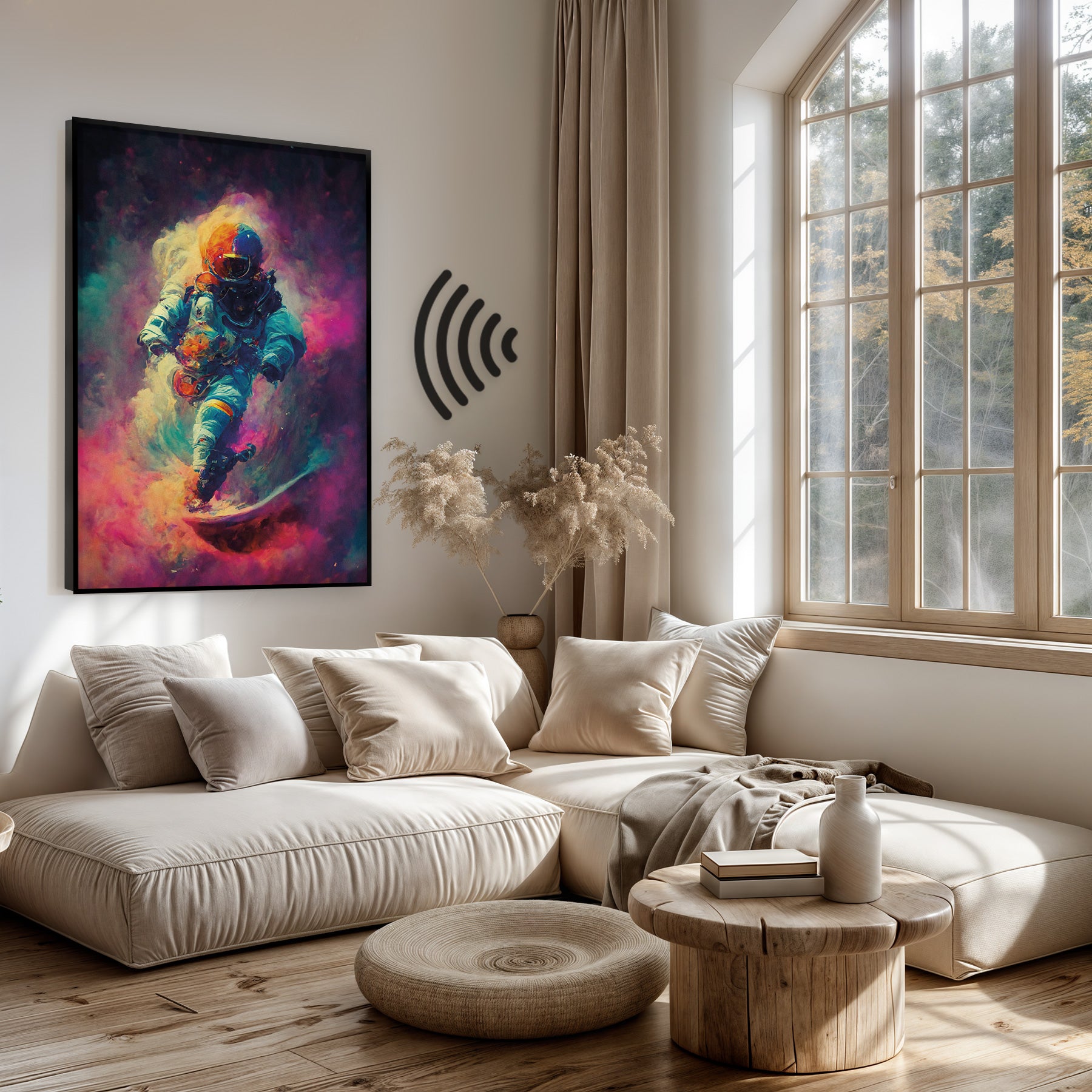 Akoestisch paneel Colorful Astronaut boven een lichte bank in een woonkamer.