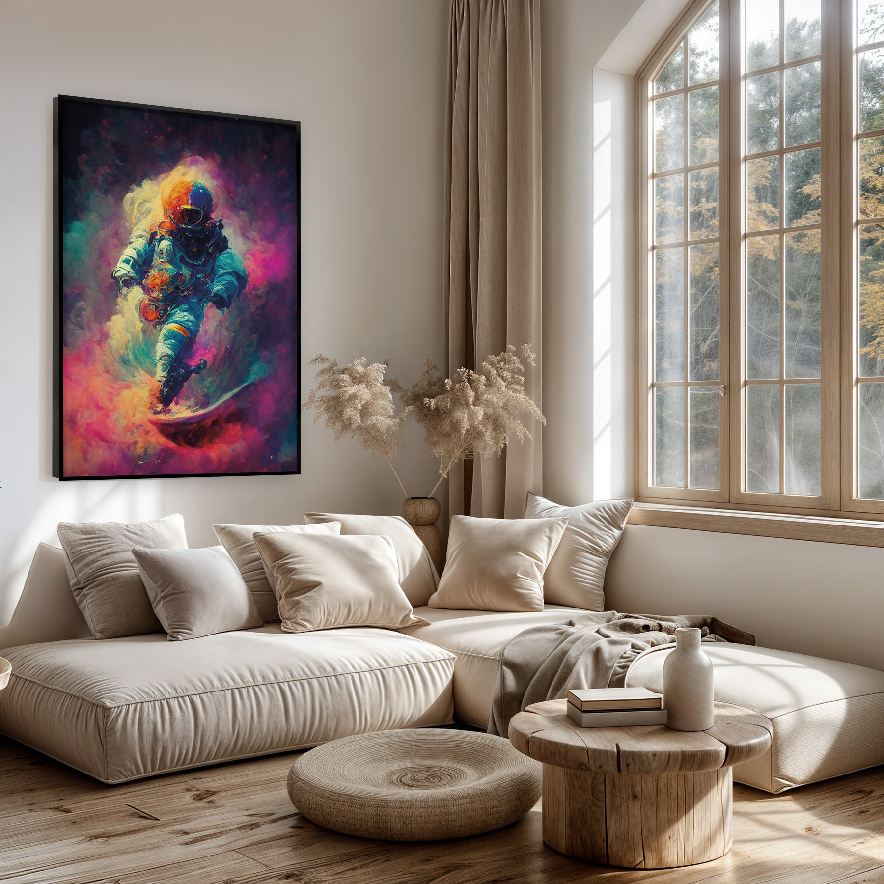 Artframe Colorful Astronaut boven een lichte bank in een woonkamer.