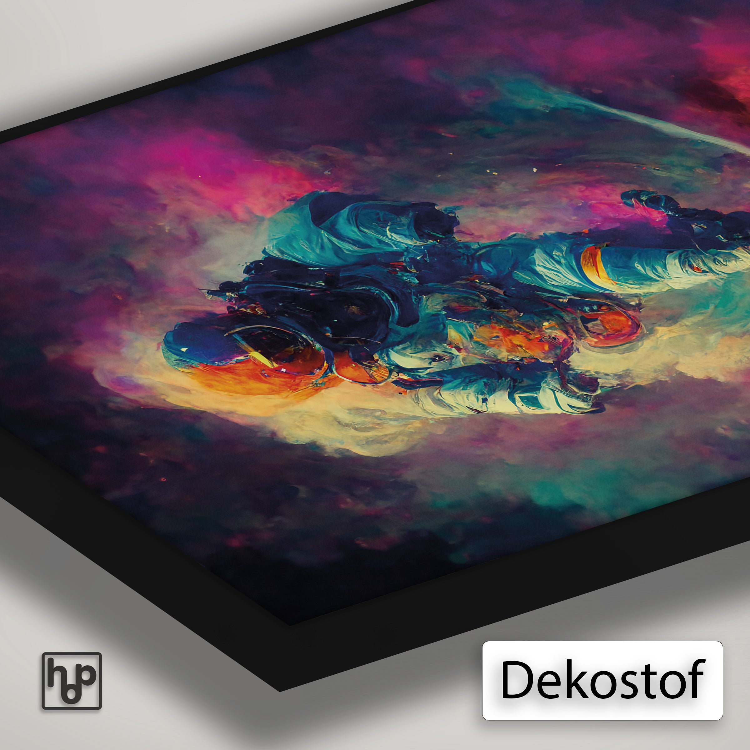 Detail van Artframe Colorful Astronaut met dekostof en een zwart aluminium frame.