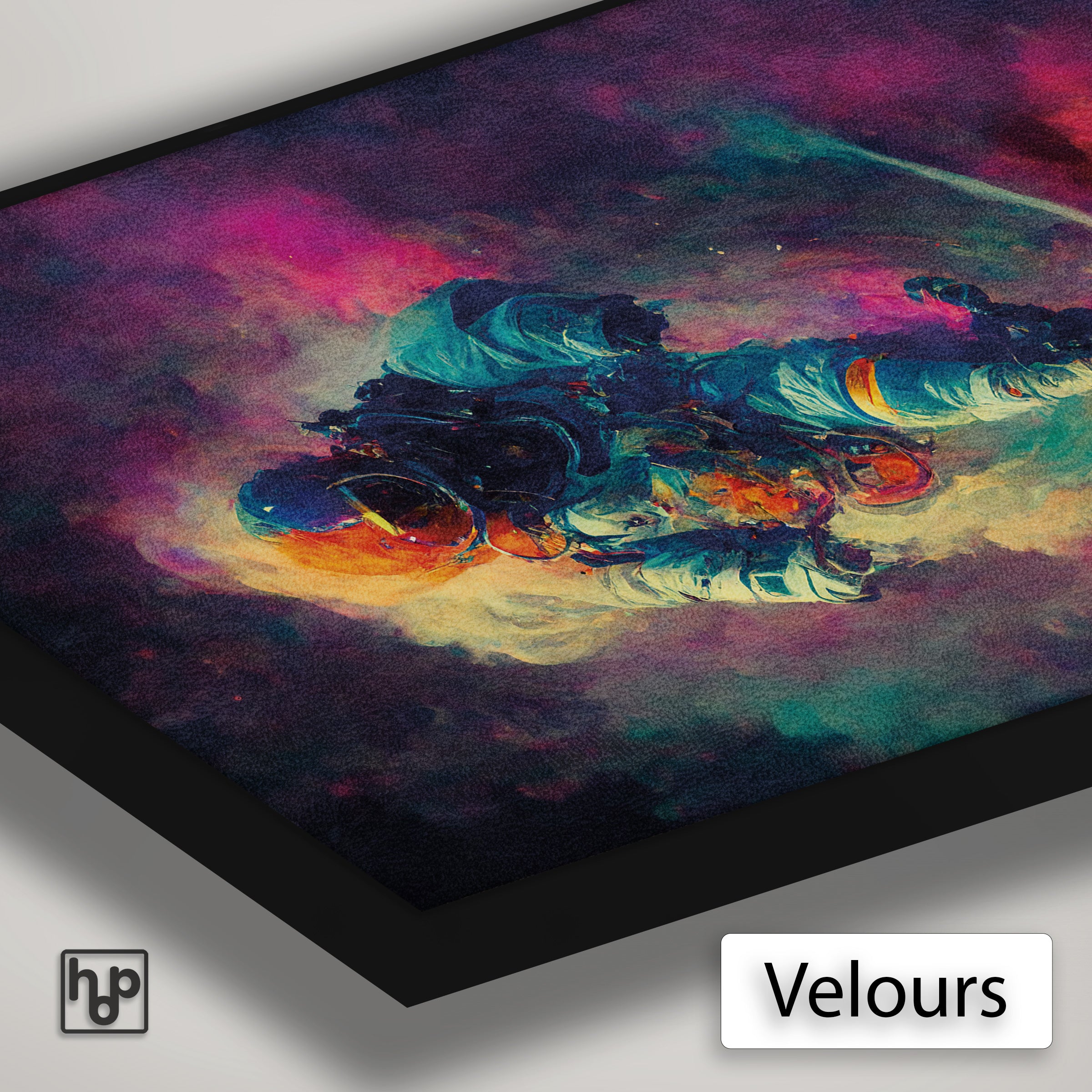 Detail van Artframe Colorful Astronaut met velours doek en een zwart aluminium frame.