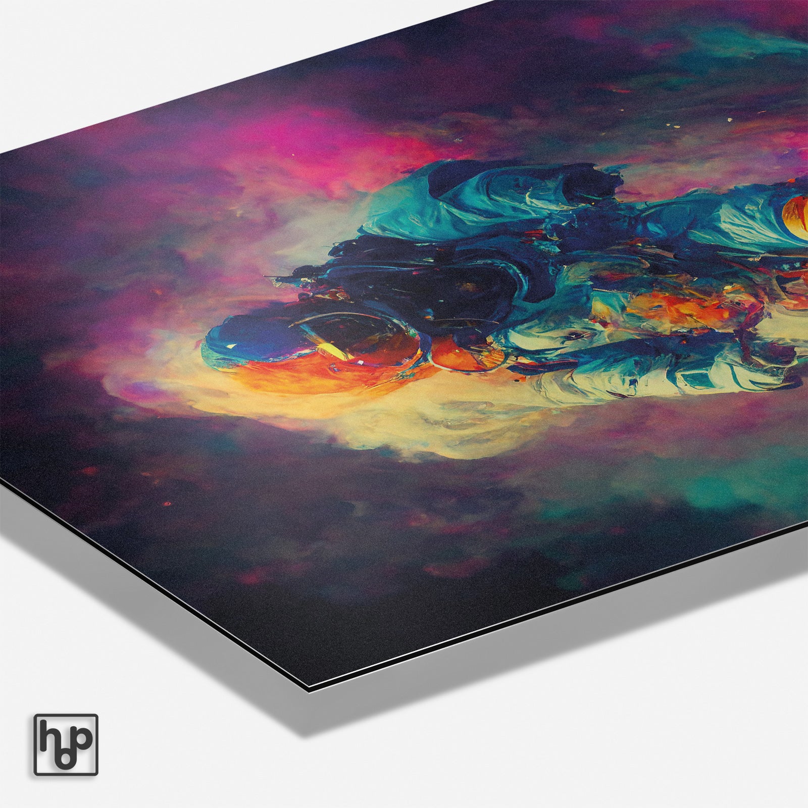 Detail van aluminium Dibond schilderij Colorful Astronaut met matte afwerking en zichtbare paneelrand.