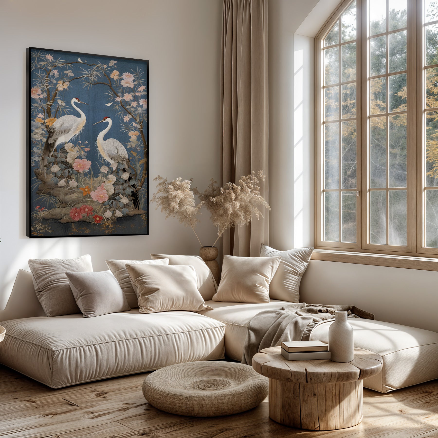Artframe Crane Vogels boven een lichte bank in een woonkamer.