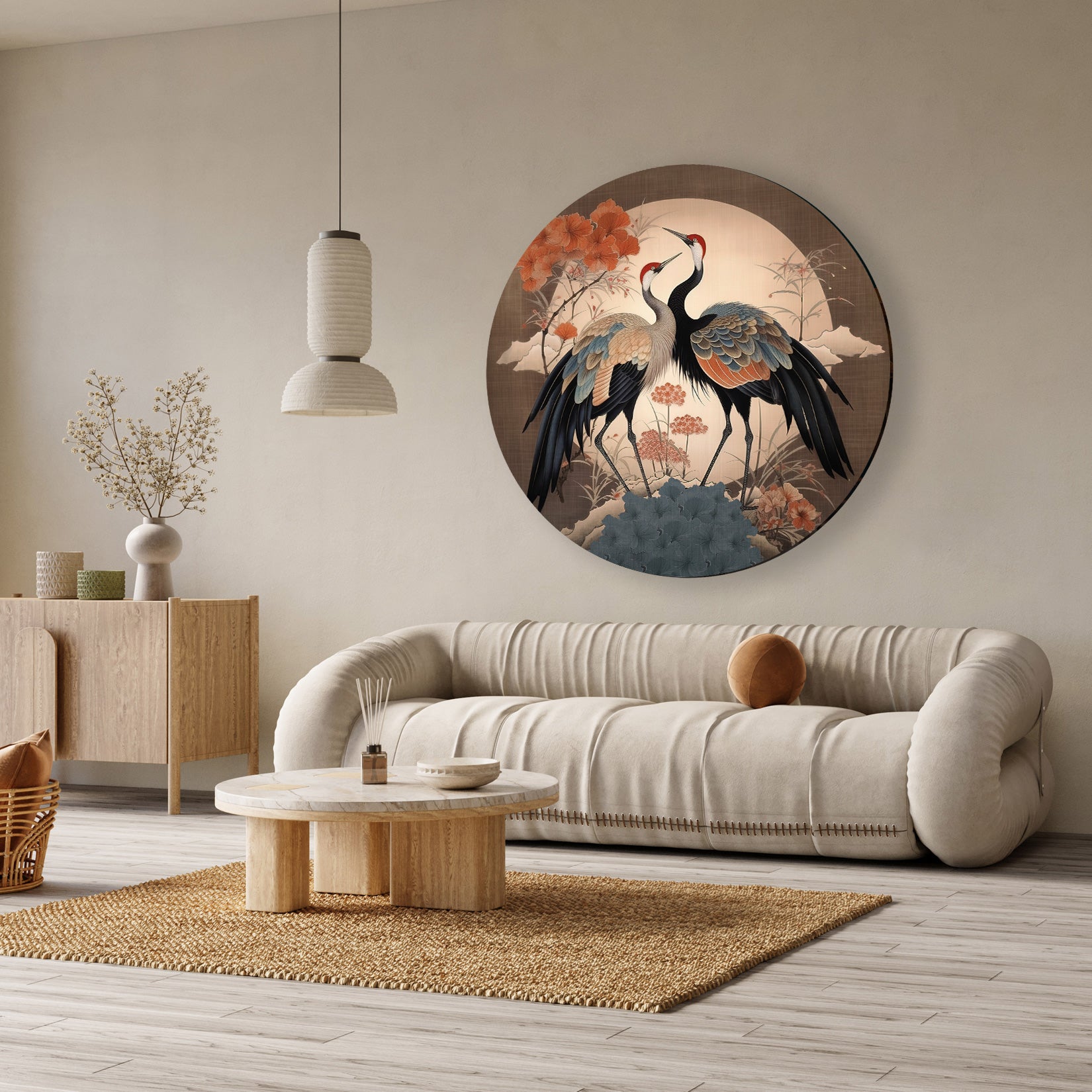 Ronde aluminium dibond muurcirkel met twee Japanse kraanvogels in aardetinten en blauwgrijs.