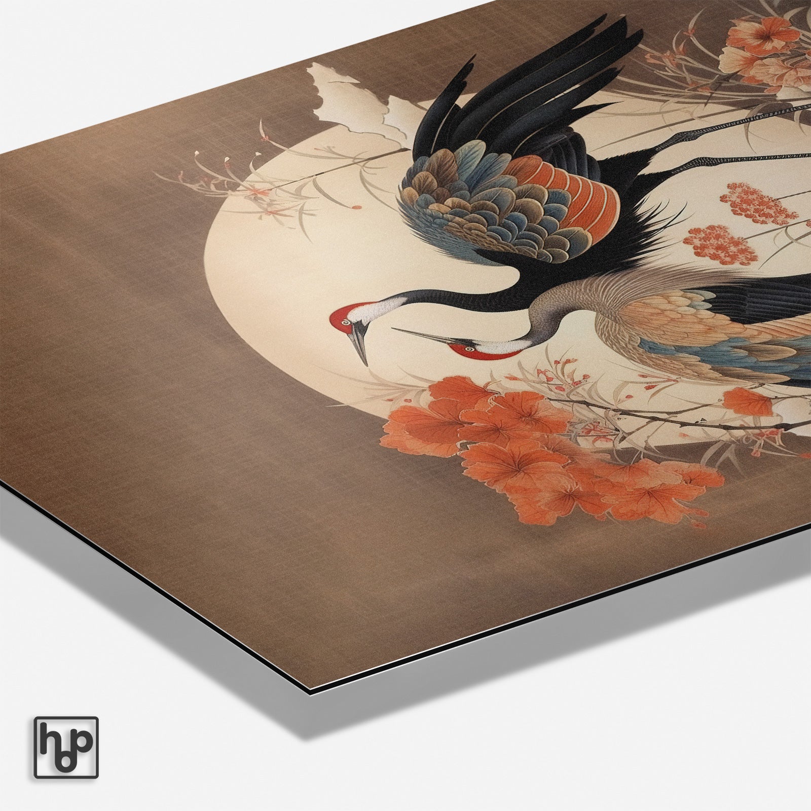 Japanse kraanvogels poster met kersenbloesem op bruine achtergrond, zen/japandi stijl.