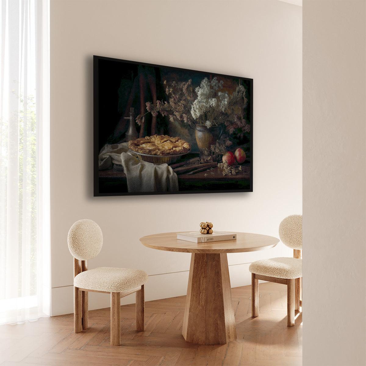 Artframe De appeltaart aan de muur bij een ronde houten eettafel.