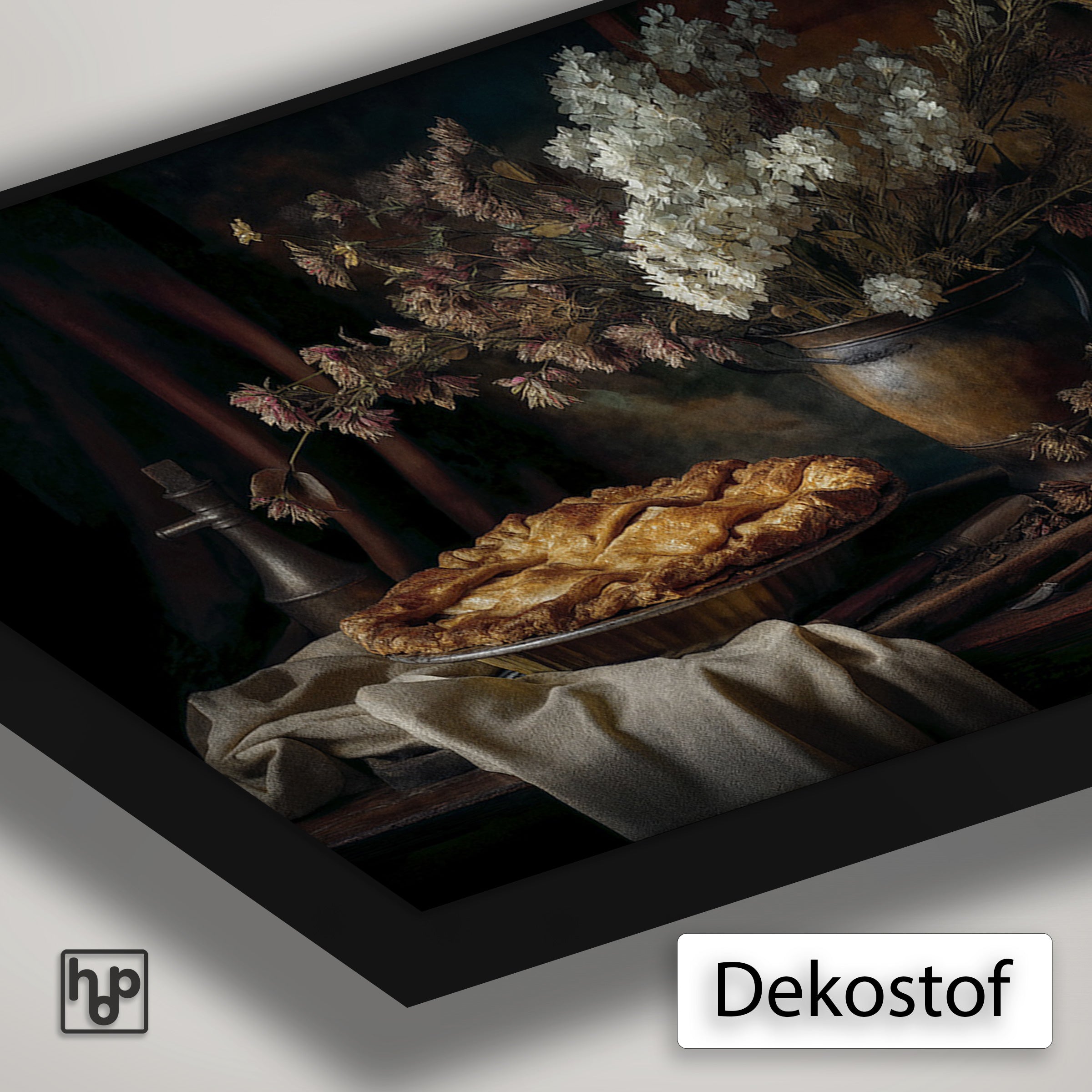 Detail van Artframe De appeltaart met dekostof en een zwart aluminium frame.