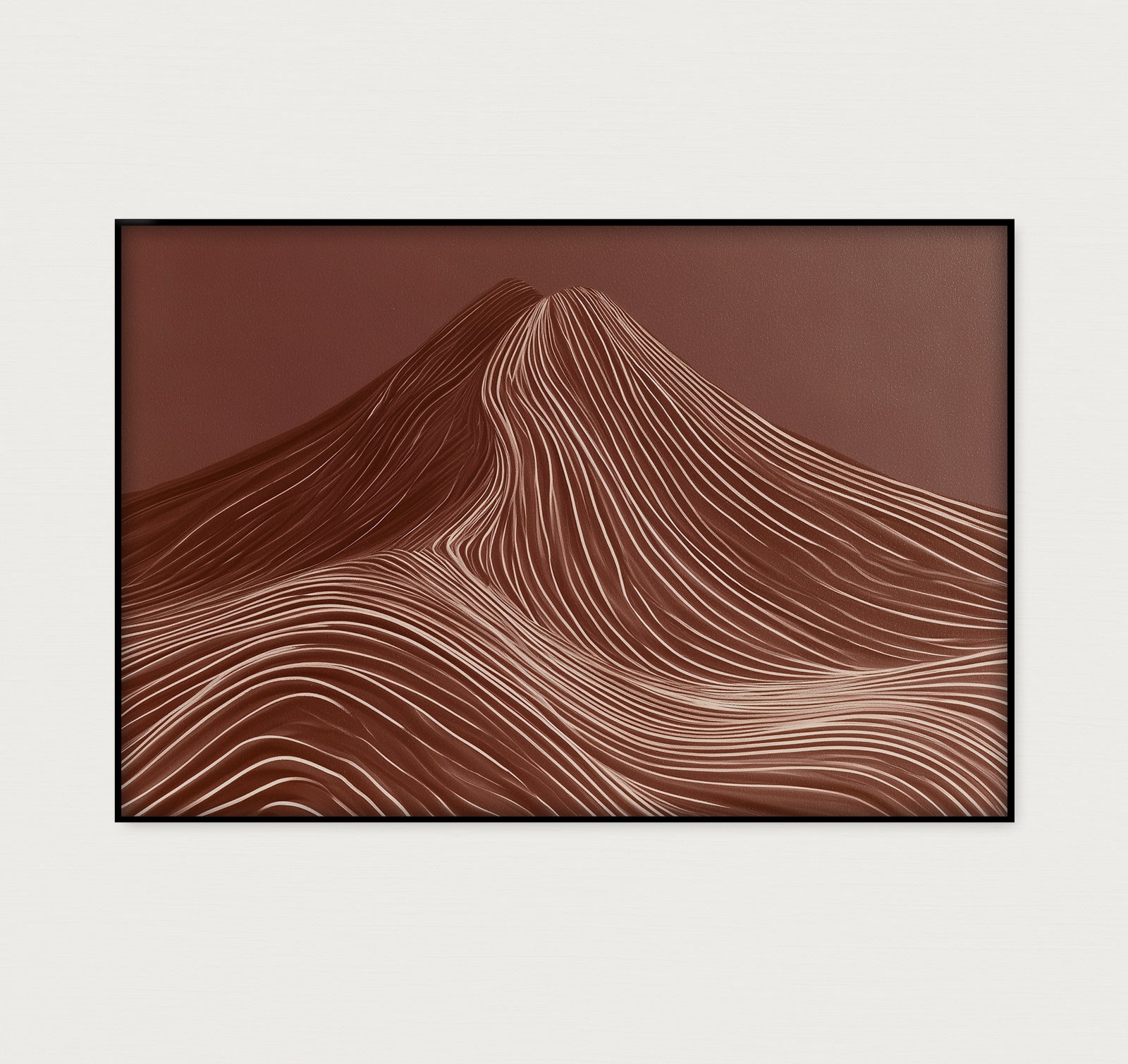 Artframe De rode berg: abstracte rode berg met fijne golvende lijnen.