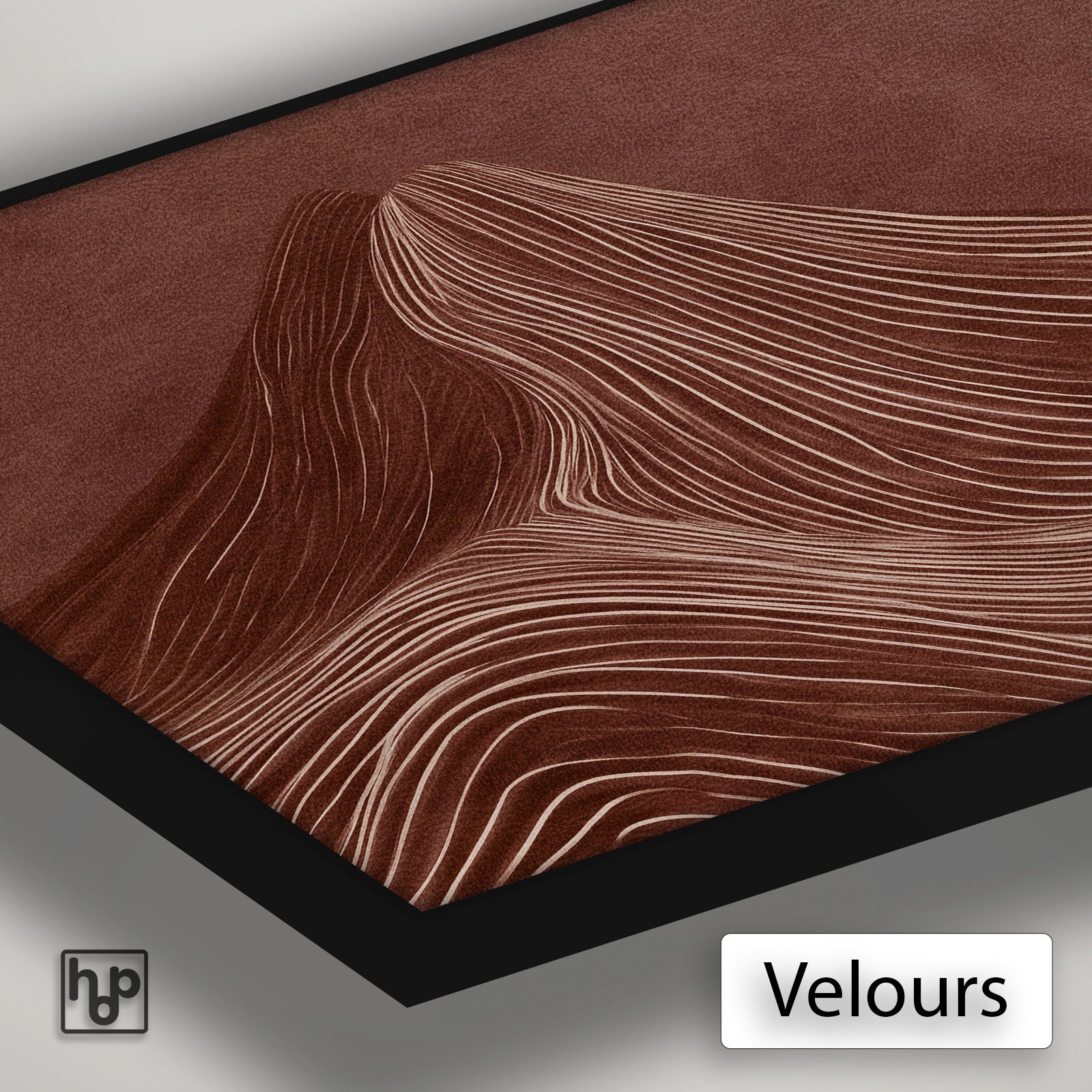 Detail van Artframe De rode berg met velours doek en een zwart aluminium frame.