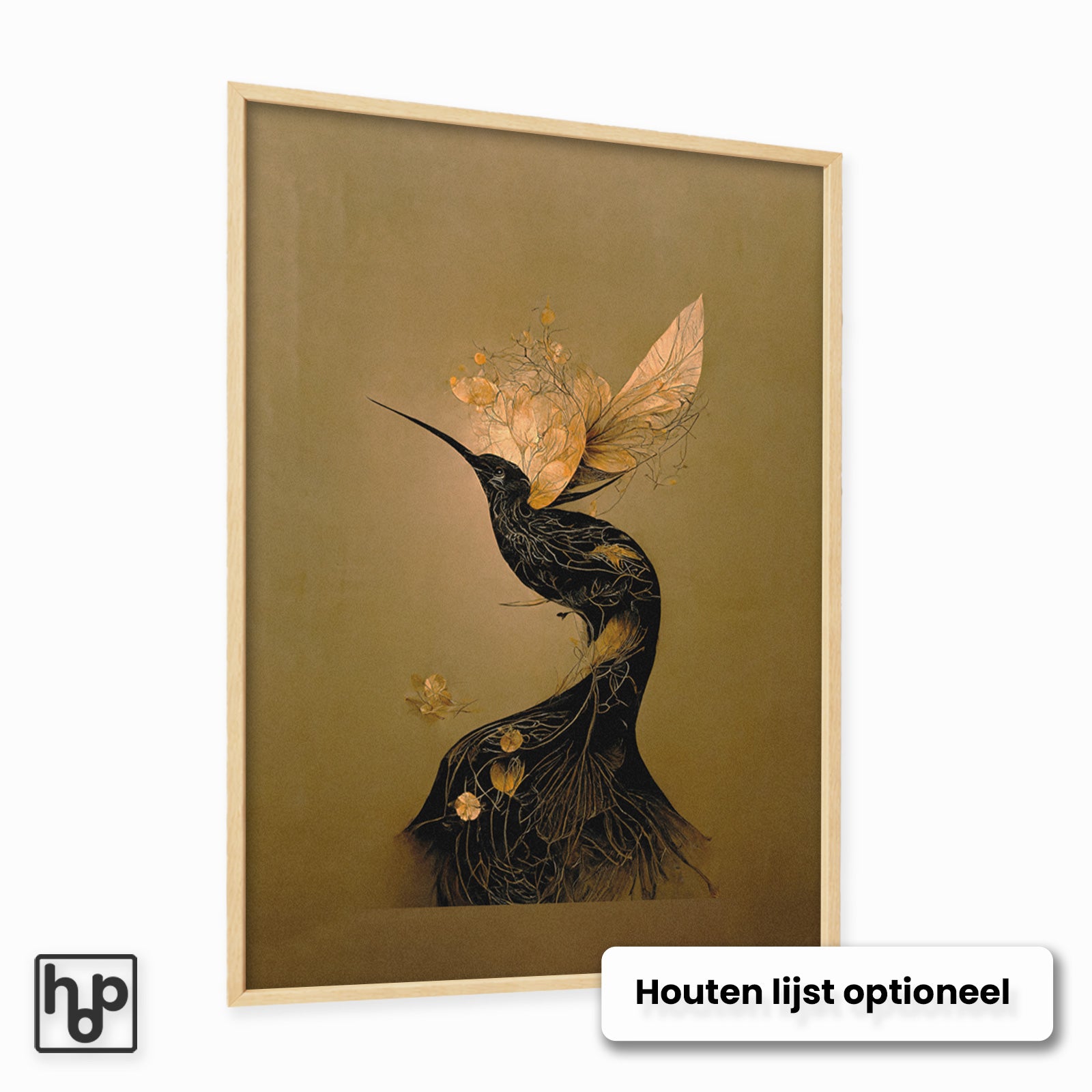 Elegante kolibrie poster met gouden bloemen en bladeren op een warme, bruine achtergrond in een houten lijst.