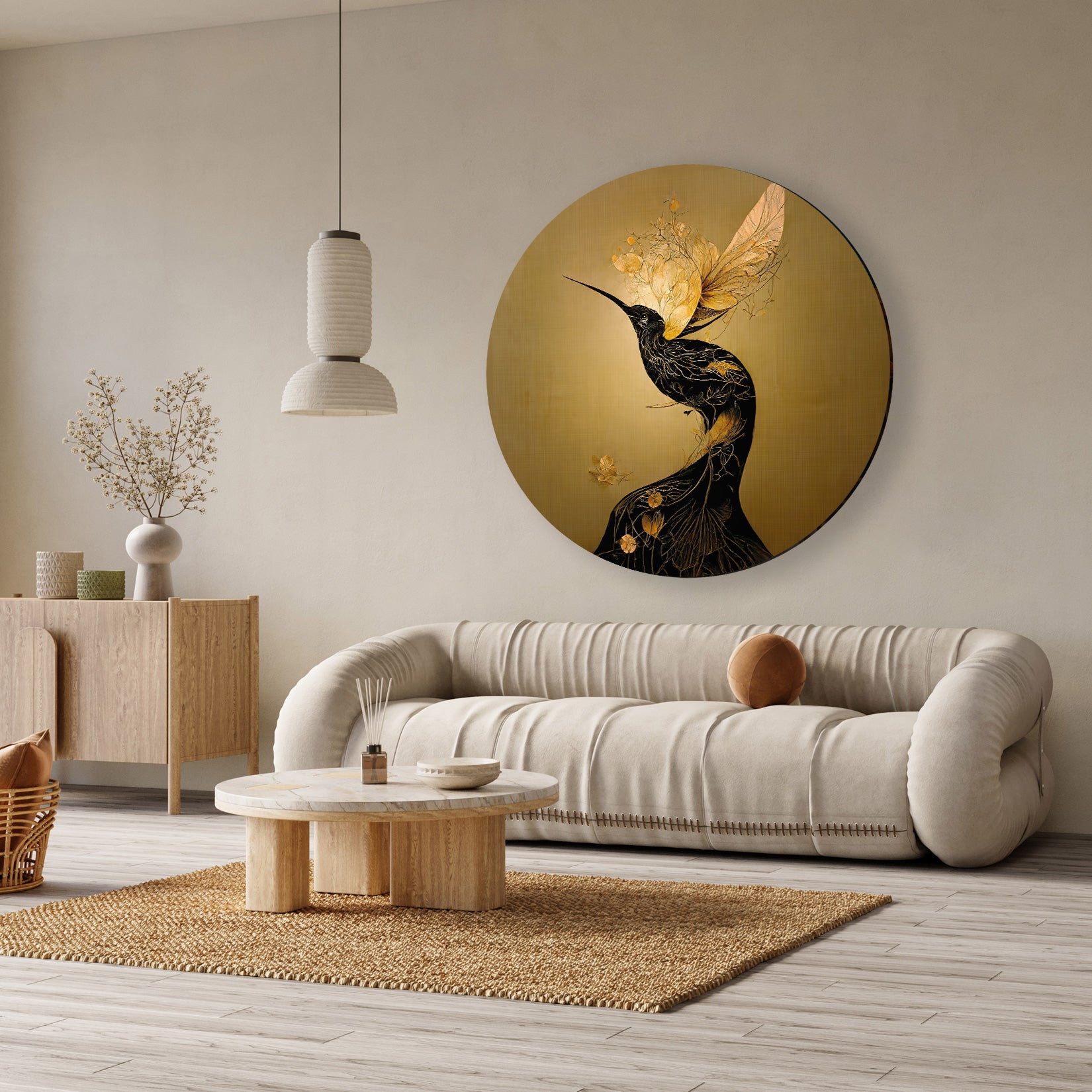Ronde, gouden akoestische wanddecoratie met elegant zwart kolibri design boven een beige bank.
