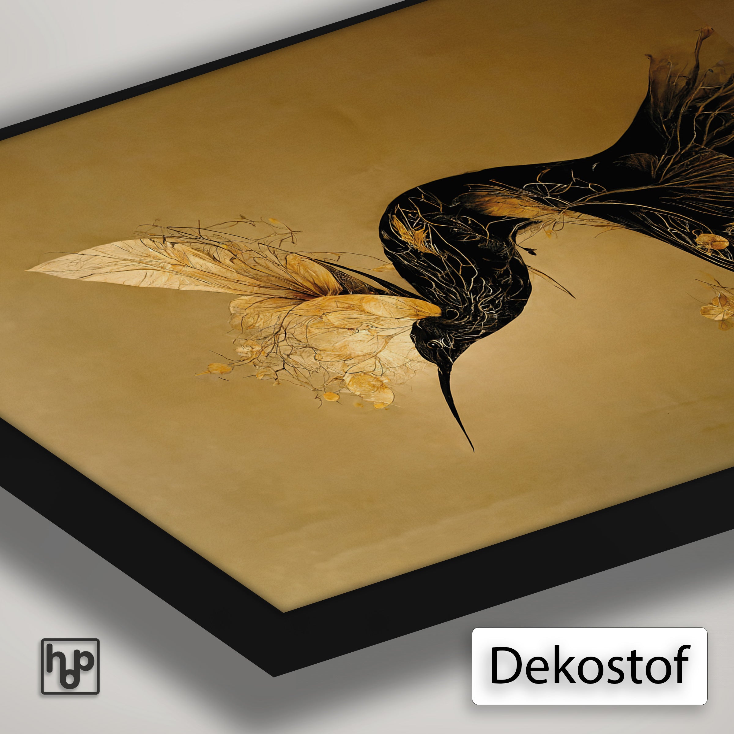 Detail van Artframe Elegant Kolibri met dekostof en een zwart aluminium frame.