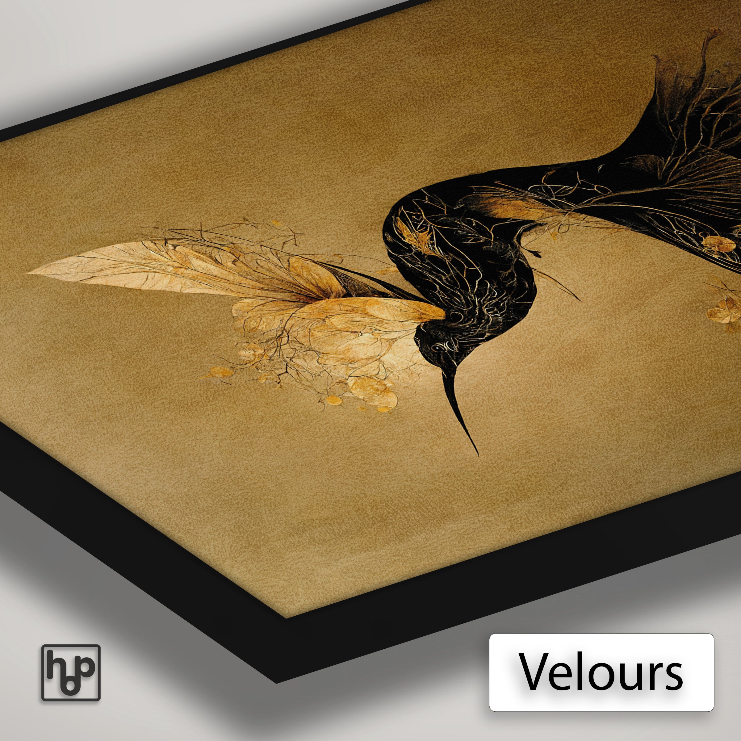 Detail van Artframe Elegant Kolibri met velours doek en een zwart aluminium frame.