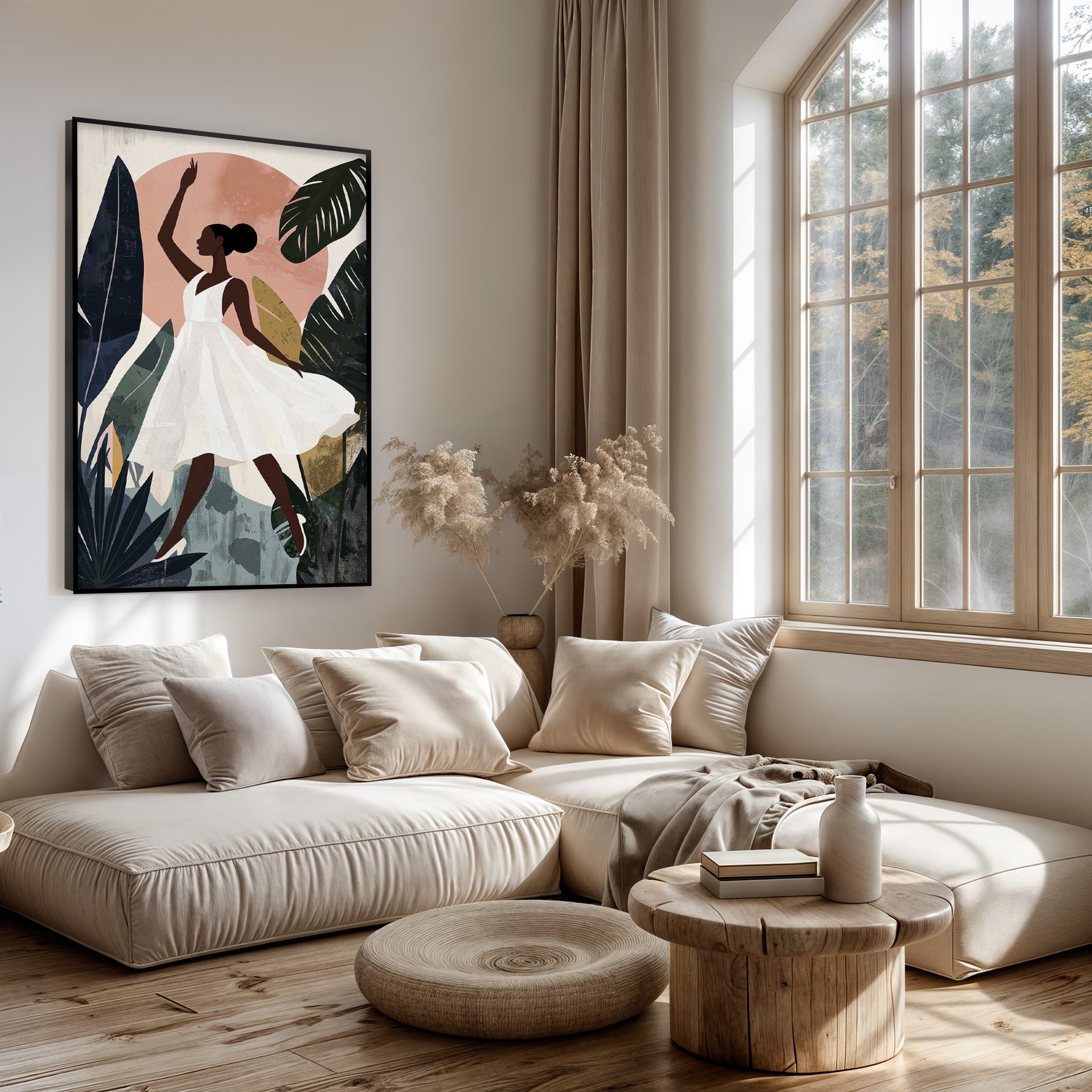 Artframe Emma boven een lichte bank in een woonkamer.