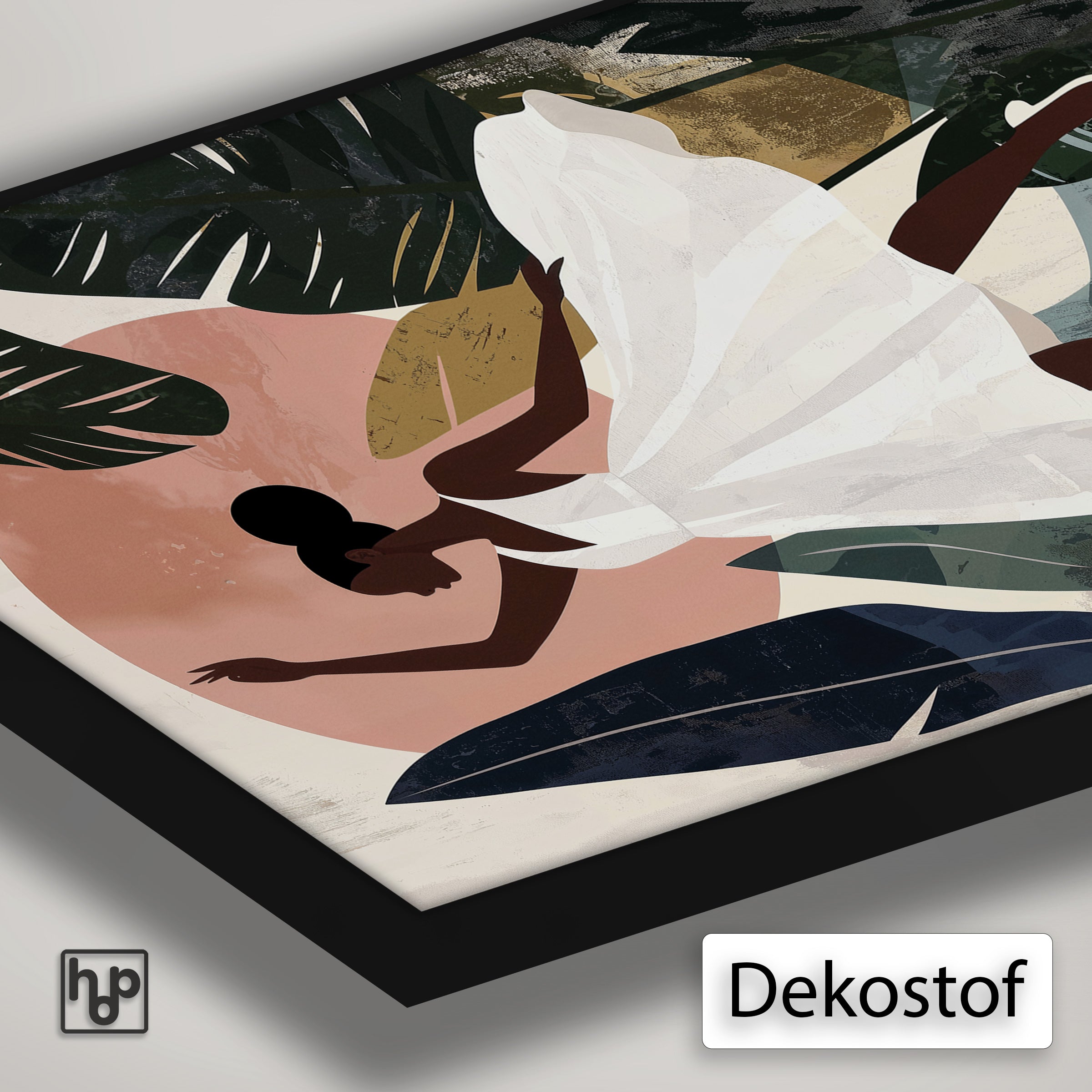 Detail van Artframe Emma met dekostof en een zwart aluminium frame.