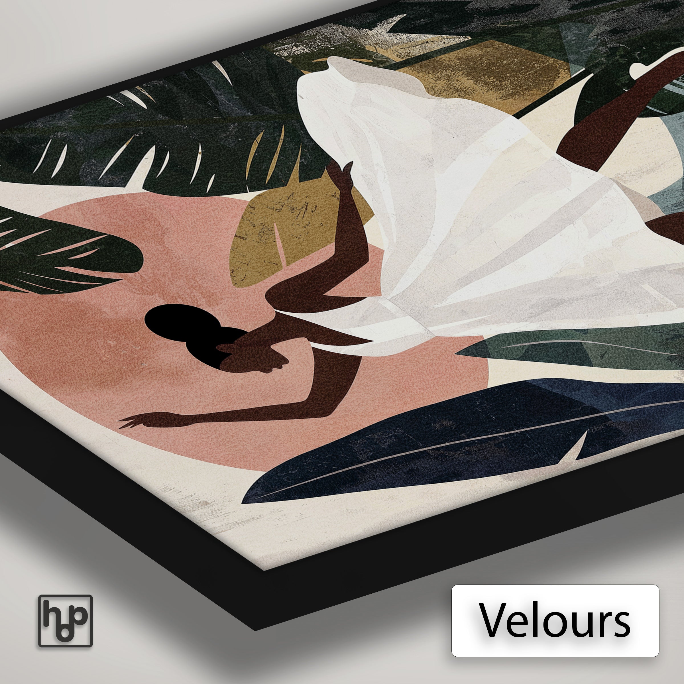 Detail van Artframe Emma met velours doek en een zwart aluminium frame.
