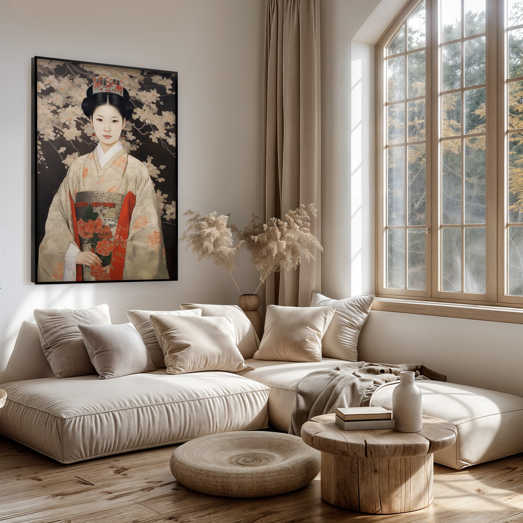 Artframe Keizerin 2 boven een lichte bank in een woonkamer.