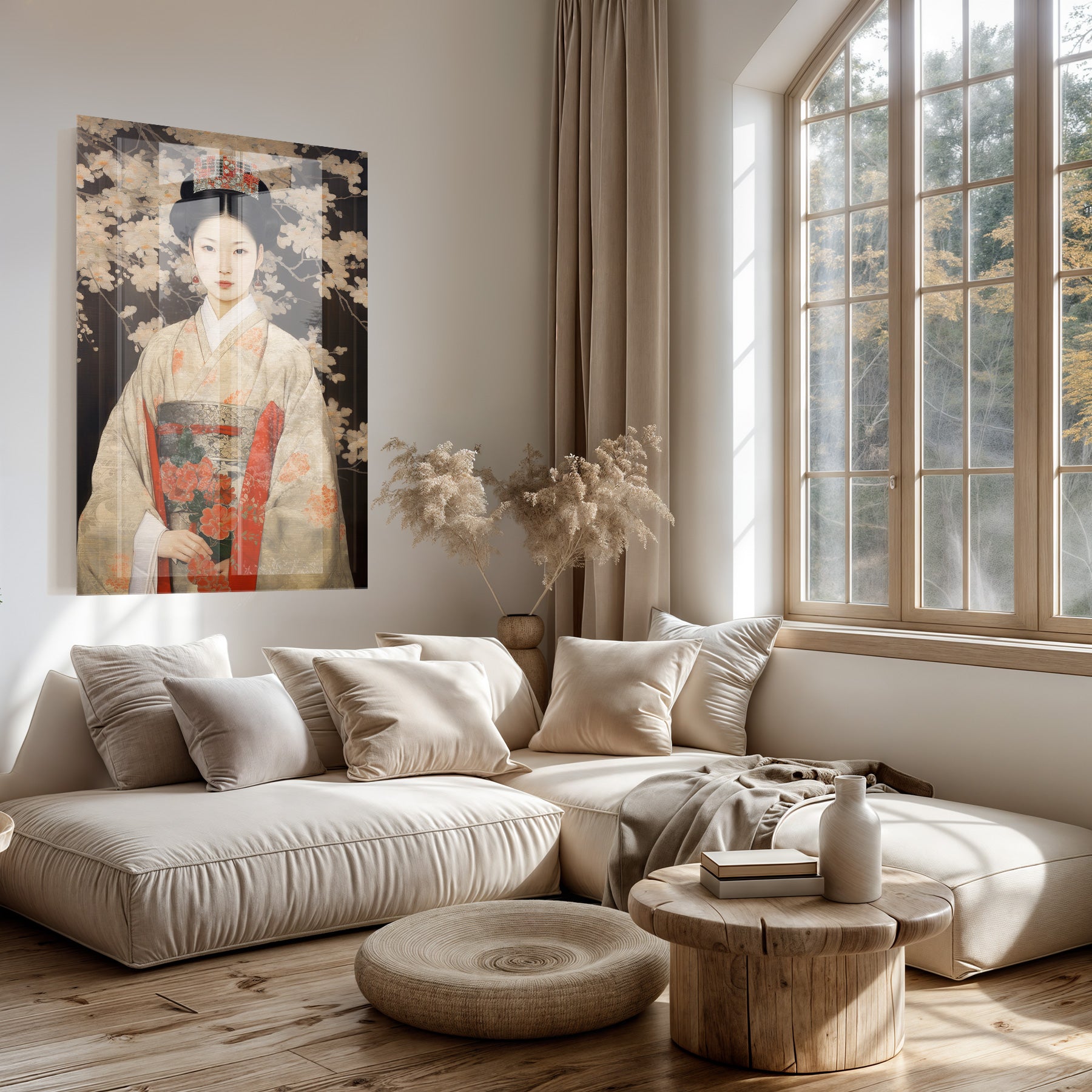 Plexiglas schilderij Keizerin 2 boven een lichte bank in een woonkamer.