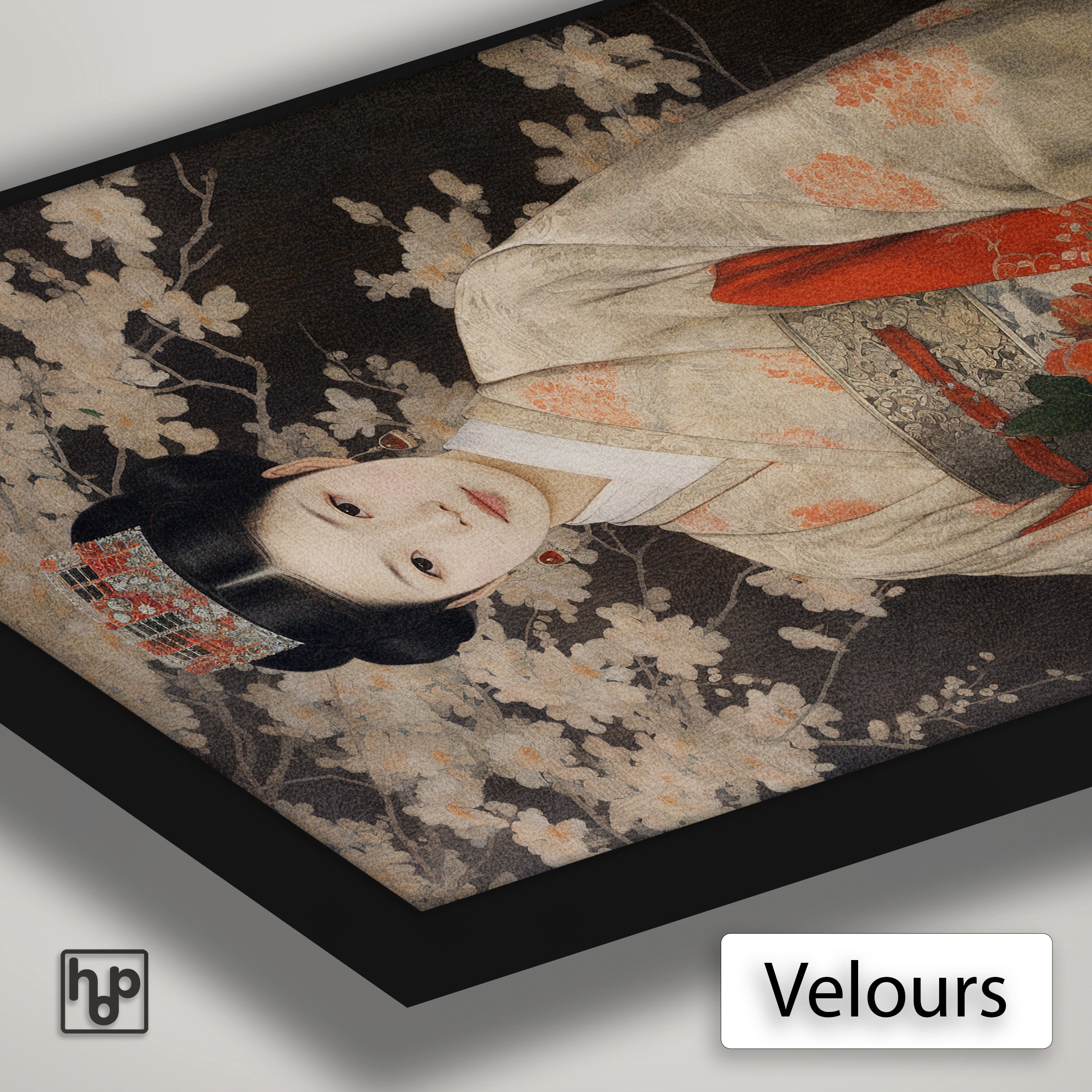 Detail van Artframe Keizerin 2 met velours doek en een zwart aluminium frame.