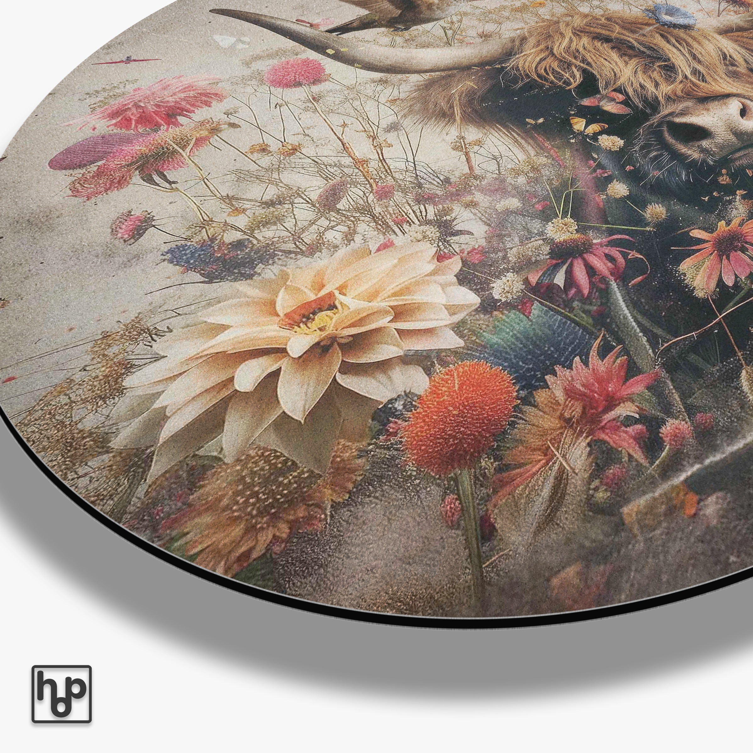 Bloemen Schotse hooglander 2 · Muurcirkel · Aluminium