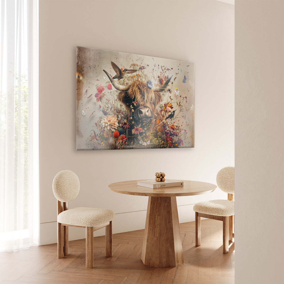 Plexiglas schilderij Bloemen Schotse hooglander 2 aan de muur bij een ronde houten eettafel.