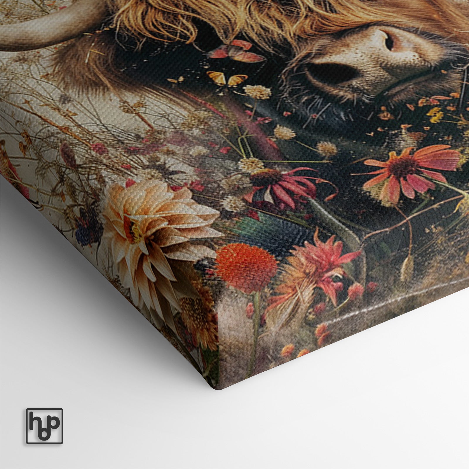 Bloemen Schotse hooglander 2 · Canvas