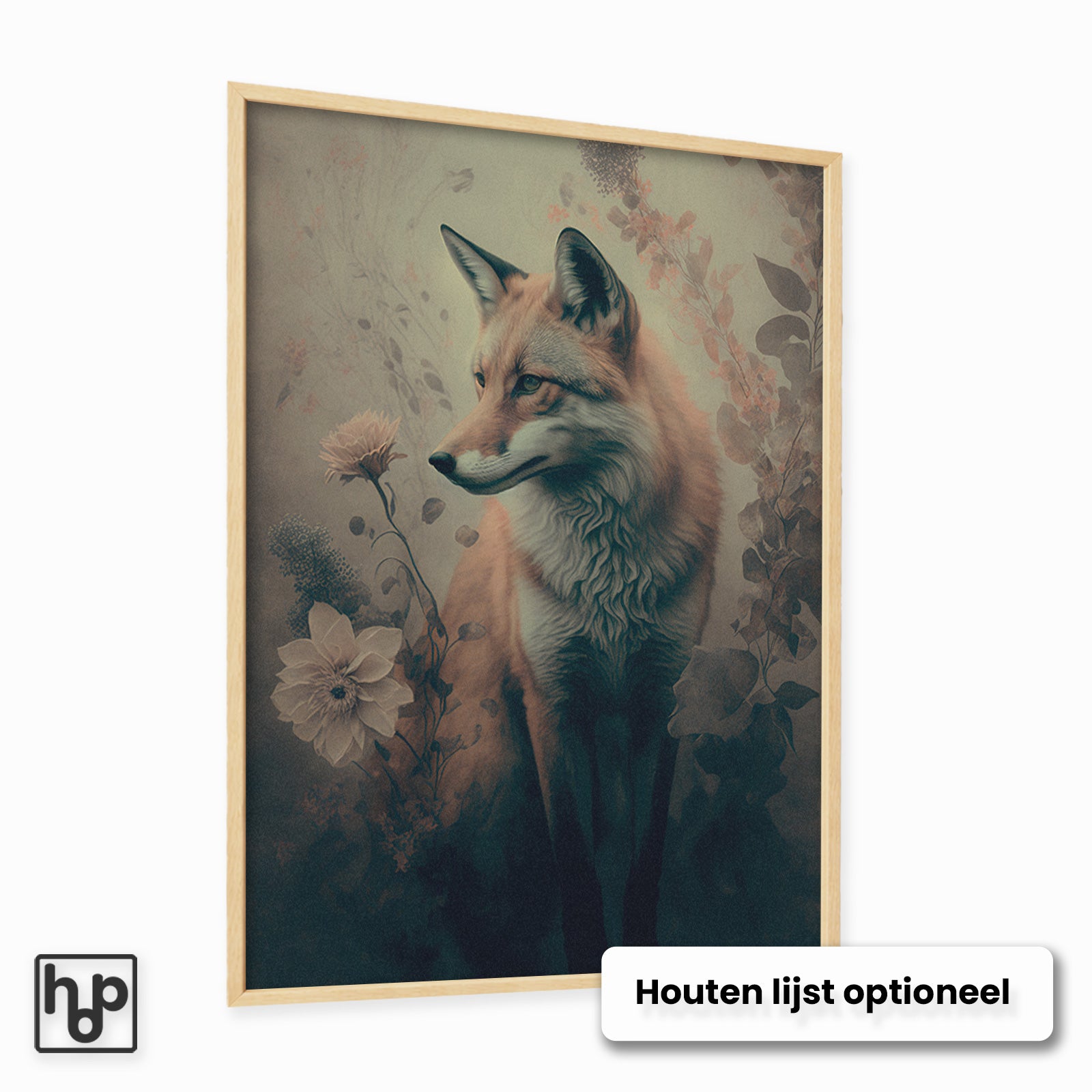Staande poster met vos in botanische setting, omringd door bloemen, in een houten lijst.