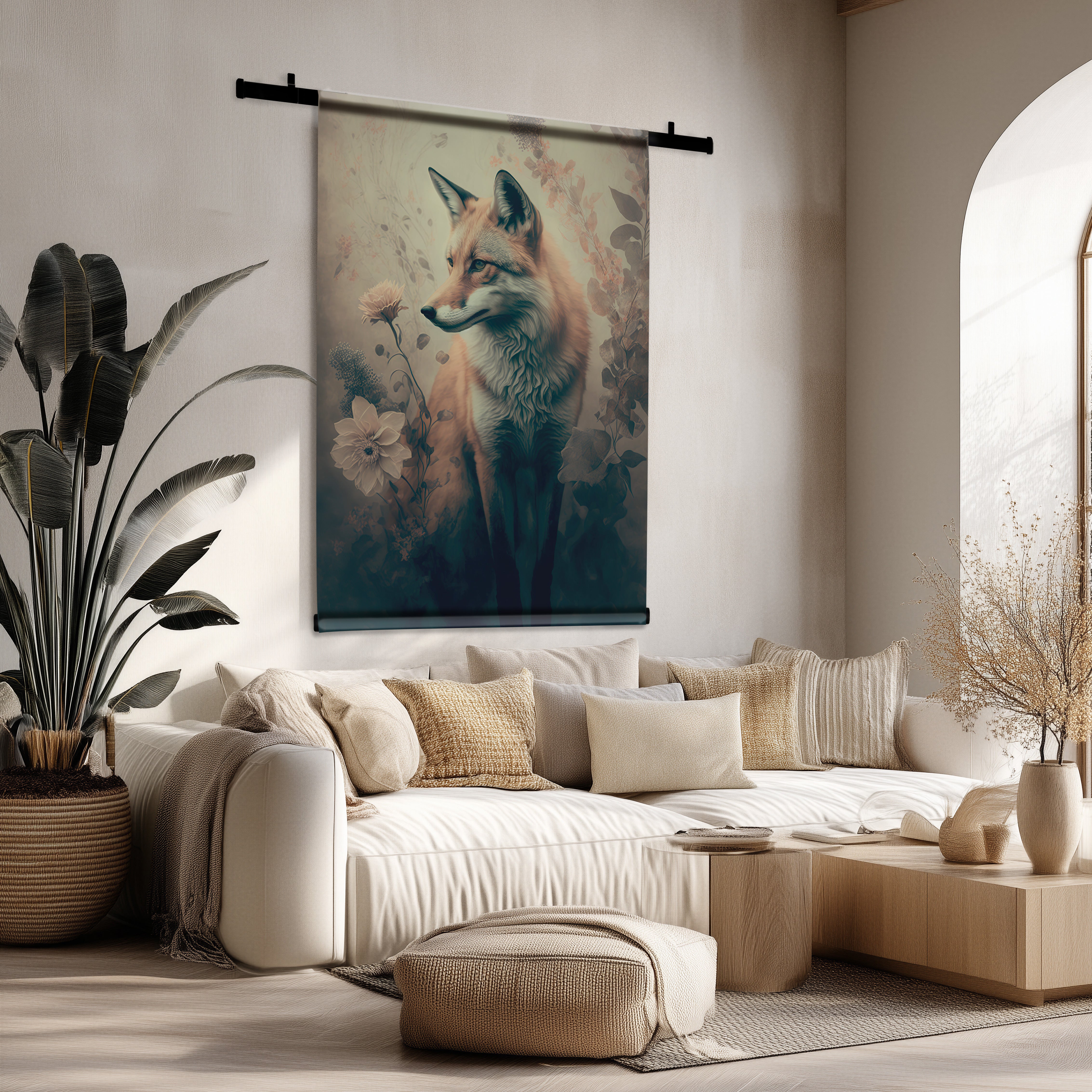 Vos wandkleed met natuurlijke kleuren en bloemen, hangend boven een beige bank in een lichte woonkamer.