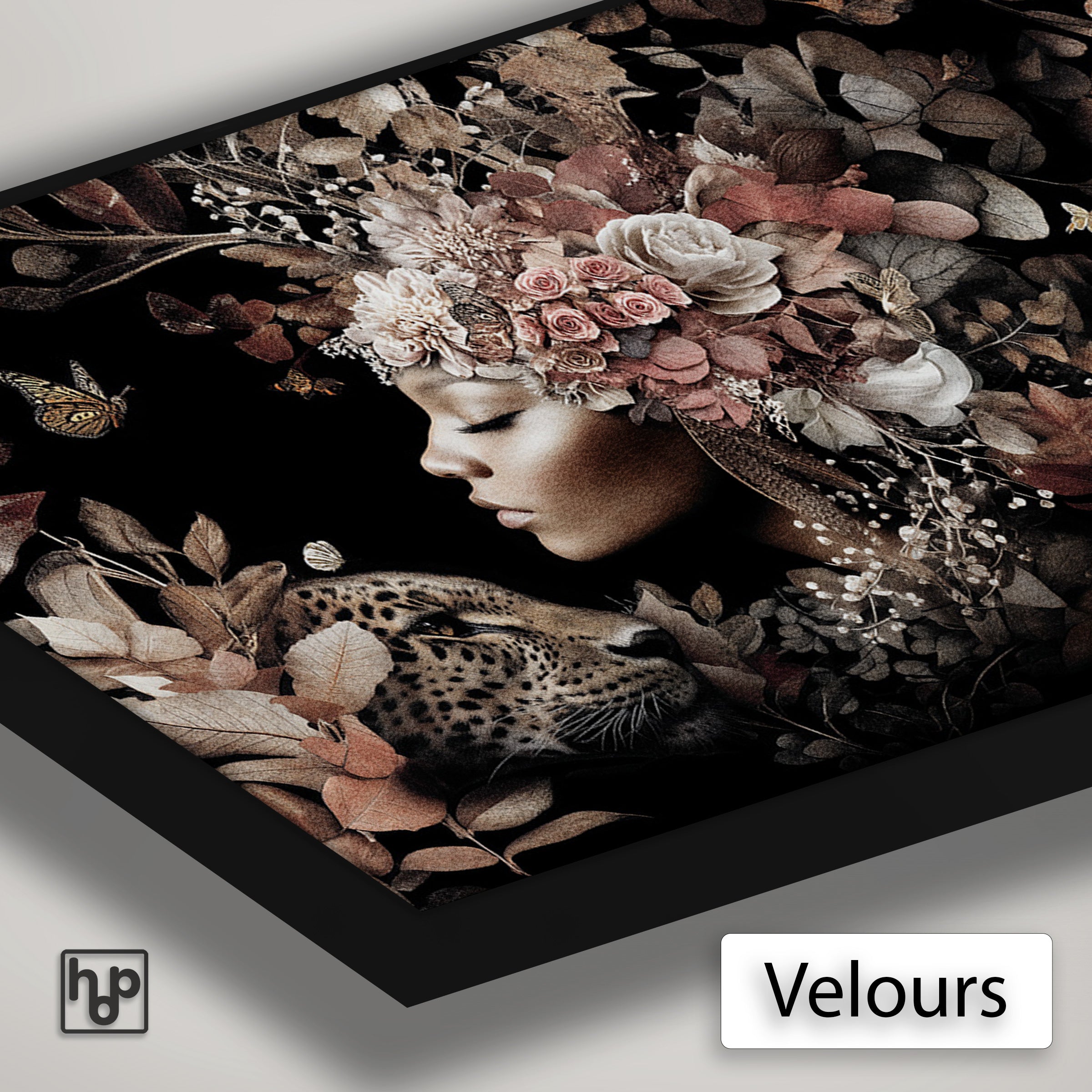 Detail van Artframe Bloemen Vrouw 6 met velours doek en een zwart aluminium frame.