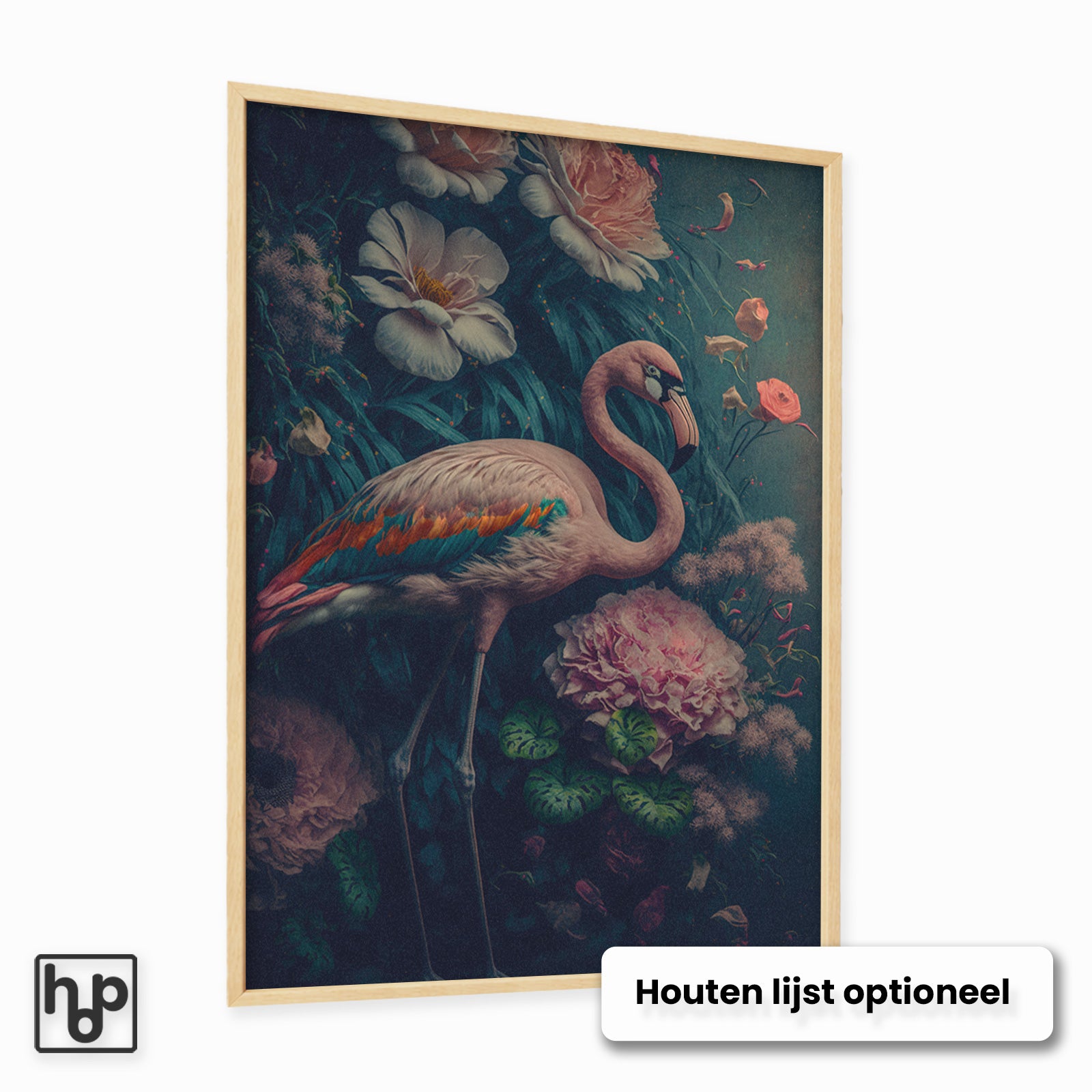 Aluminium Dibond schilderij Flamingo 1 met een optionele naturel houten lijst.