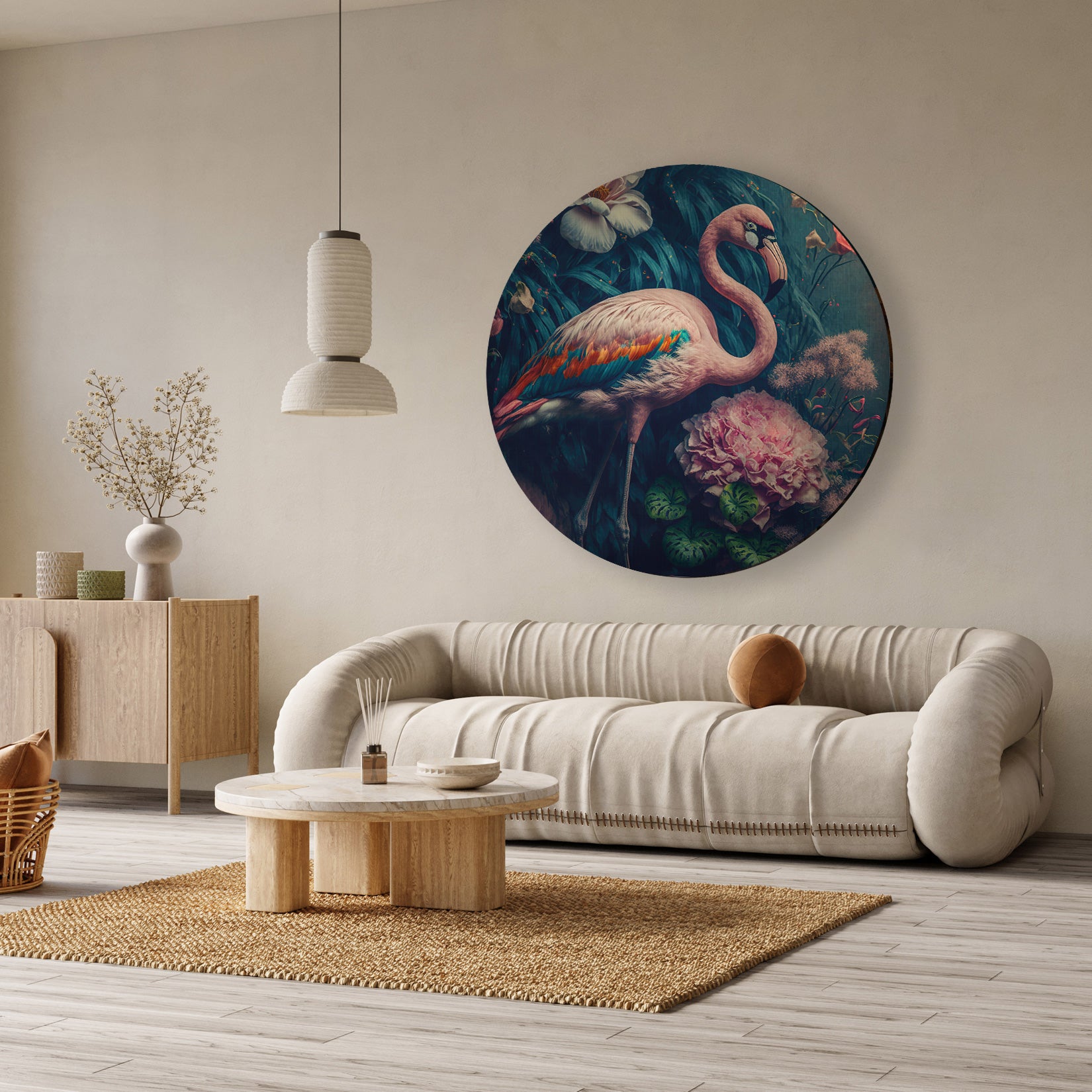 Aluminium muurcirkel Flamingo 1 boven een beige bank in een lichte woonkamer.