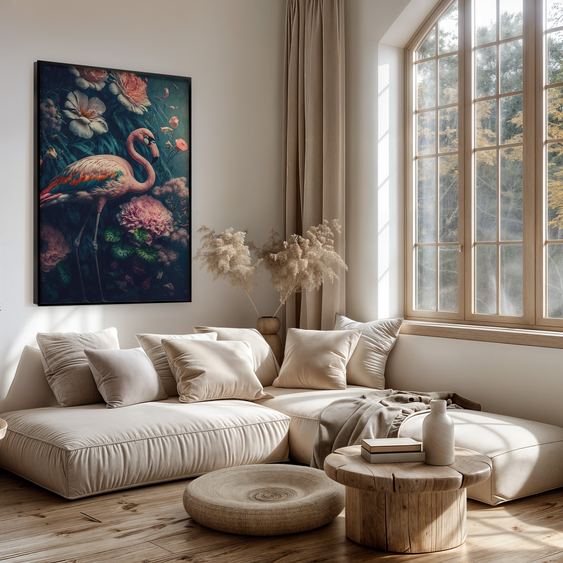 Artframe Flamingo 1 boven een lichte bank in een woonkamer.