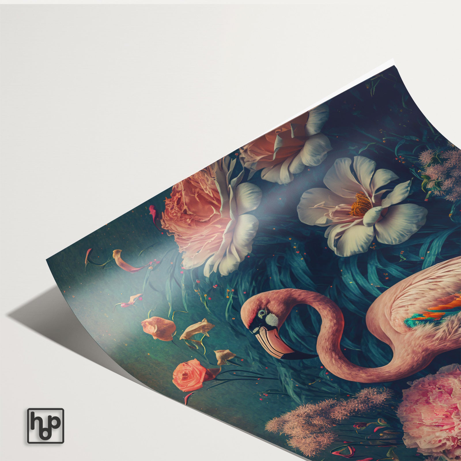 Detail van papieren poster Flamingo 1 met een licht omkrullende hoek.