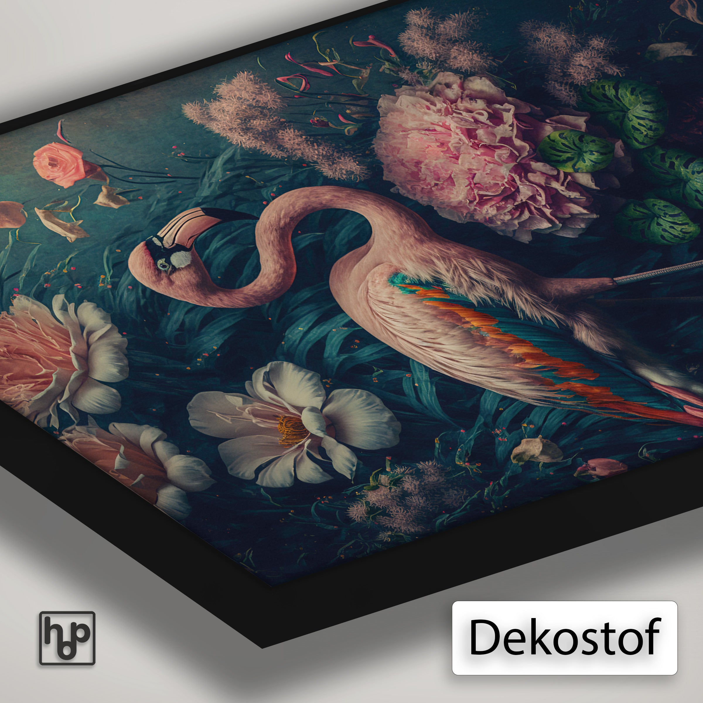Detail van Artframe Flamingo 1 met dekostof en een zwart aluminium frame.