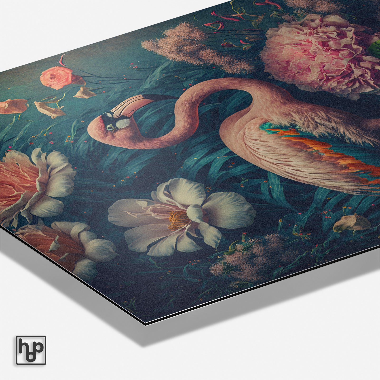 Detail van aluminium Dibond schilderij Flamingo 1 met matte afwerking en zichtbare paneelrand.