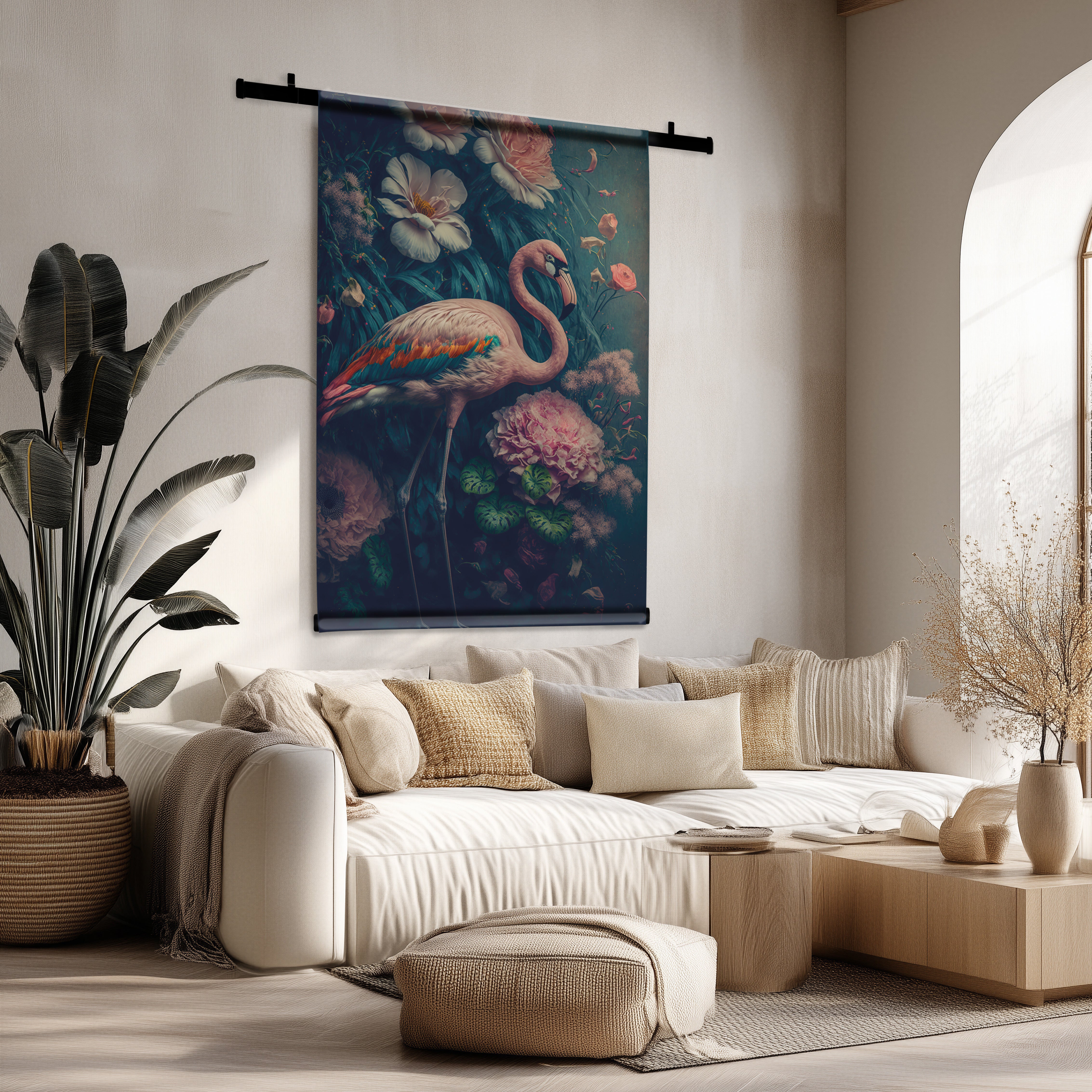 Wandkleed Flamingo 1 met roze flamingo en bloemen, hangend boven een beige bank in een modern interieur.