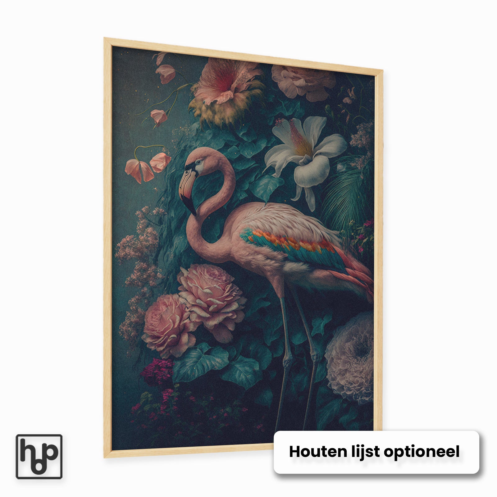 Aluminium Dibond schilderij Flamingo 2 met een optionele naturel houten lijst.