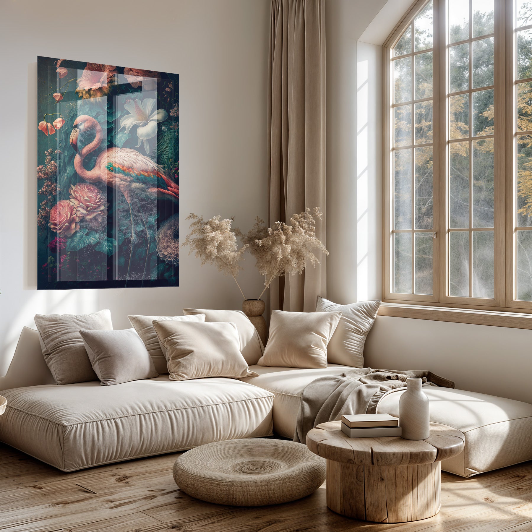 Plexiglas schilderij Flamingo 2 boven een lichte bank in een woonkamer.