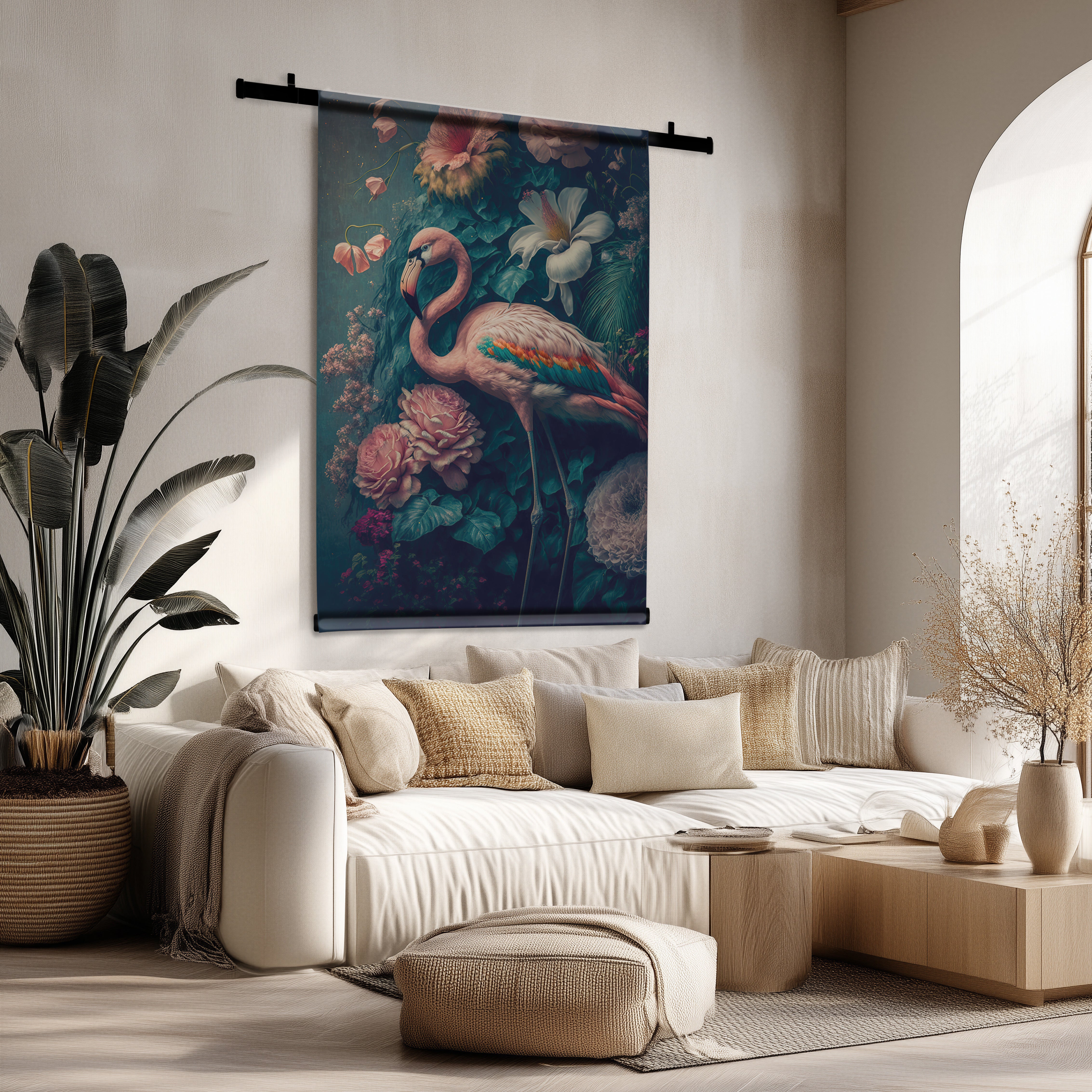 Wandkleed Flamingo 2 met roze flamingo en weelderige bloemen in een lichte, moderne woonkamer.
