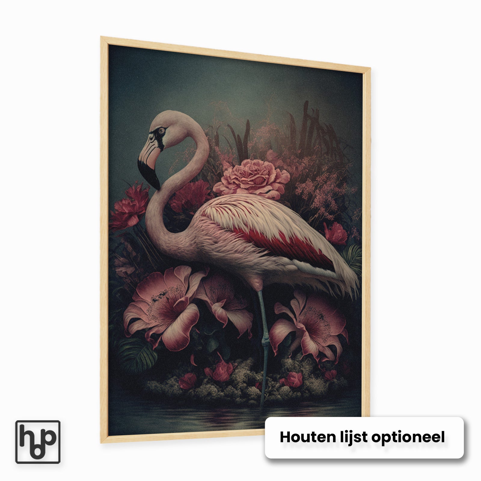 Aluminium Dibond schilderij Flamingo 3 met een optionele naturel houten lijst.