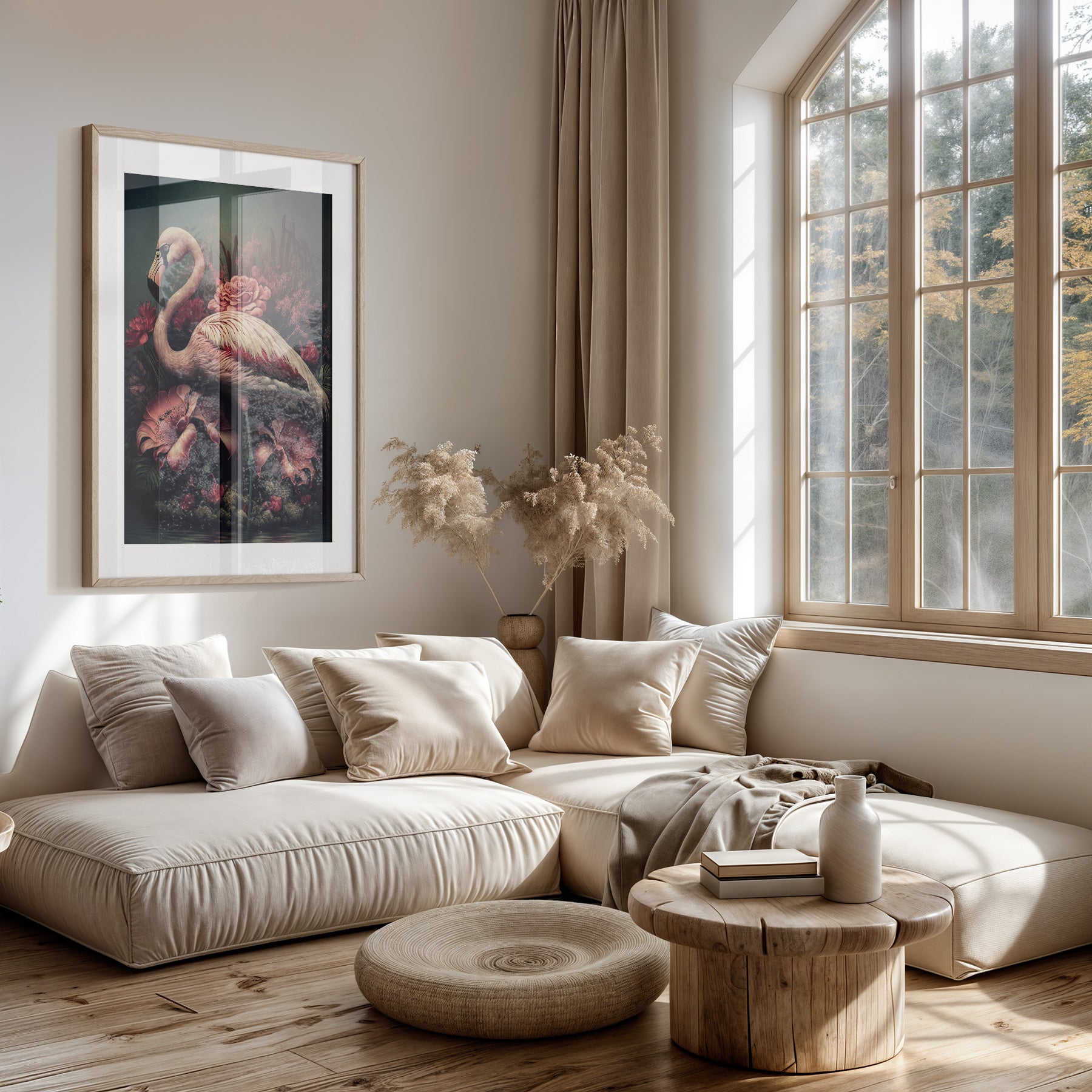 Papieren poster Flamingo 3 boven een lichte bank in een woonkamer.